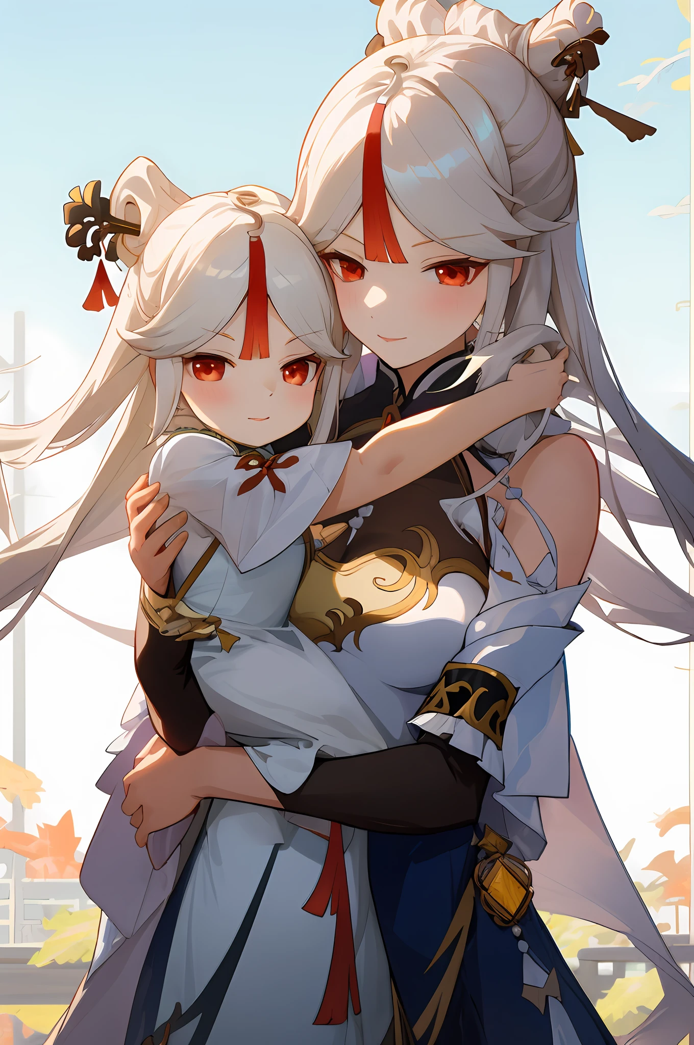 anime image of two women dressed in traditional china clothing in Fall, Cheongsam, palace a girl in hanfu, wlop and sakimichan, long hair, white haired deity, characters from azur lane, anime fantasy illustration, from the azur lane videogame, genshin, artwork in the style of guweiz, cultivator detailed art, two beautiful anime girls, mother and child, symbol of maternal love, mother and child, such as photos of mother and child