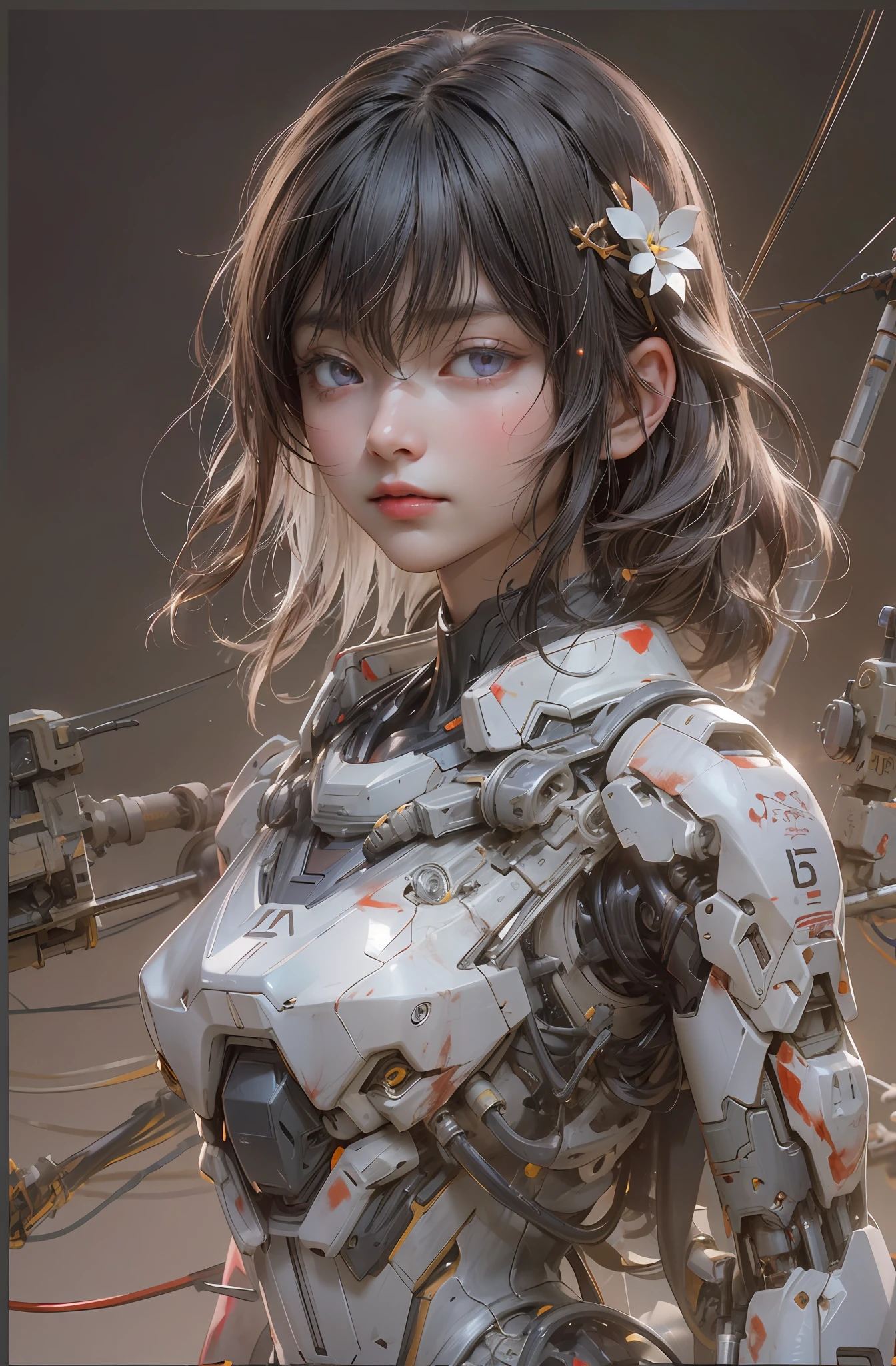 Top Quality, Masterpiece, Ultra High Resolution, (Photorealistic: 1.4), Raw Photo, 1 Girl, Black Hair, Glossy Skin, 1 Mechanical Girl, (Ultra Realistic Detail)), Portrait, Global Illumination, Shadows, Octane Rendering, 8K, Ultra Sharp, Big, Cleavage Exposed Raw Skin, Metal, Intricate Ornament Details, Japan Details, Very intricate details, realistic light, CGSoation trend, purple eyes, glowing eyes, facing the camera, neon details, mechanical limbs, blood vessels connected to the tube, mechanical vertebrae attached to the back, mechanical cervical attachment to the neck, sitting, wires and cables connecting to the head, gundam, small LED lamps,