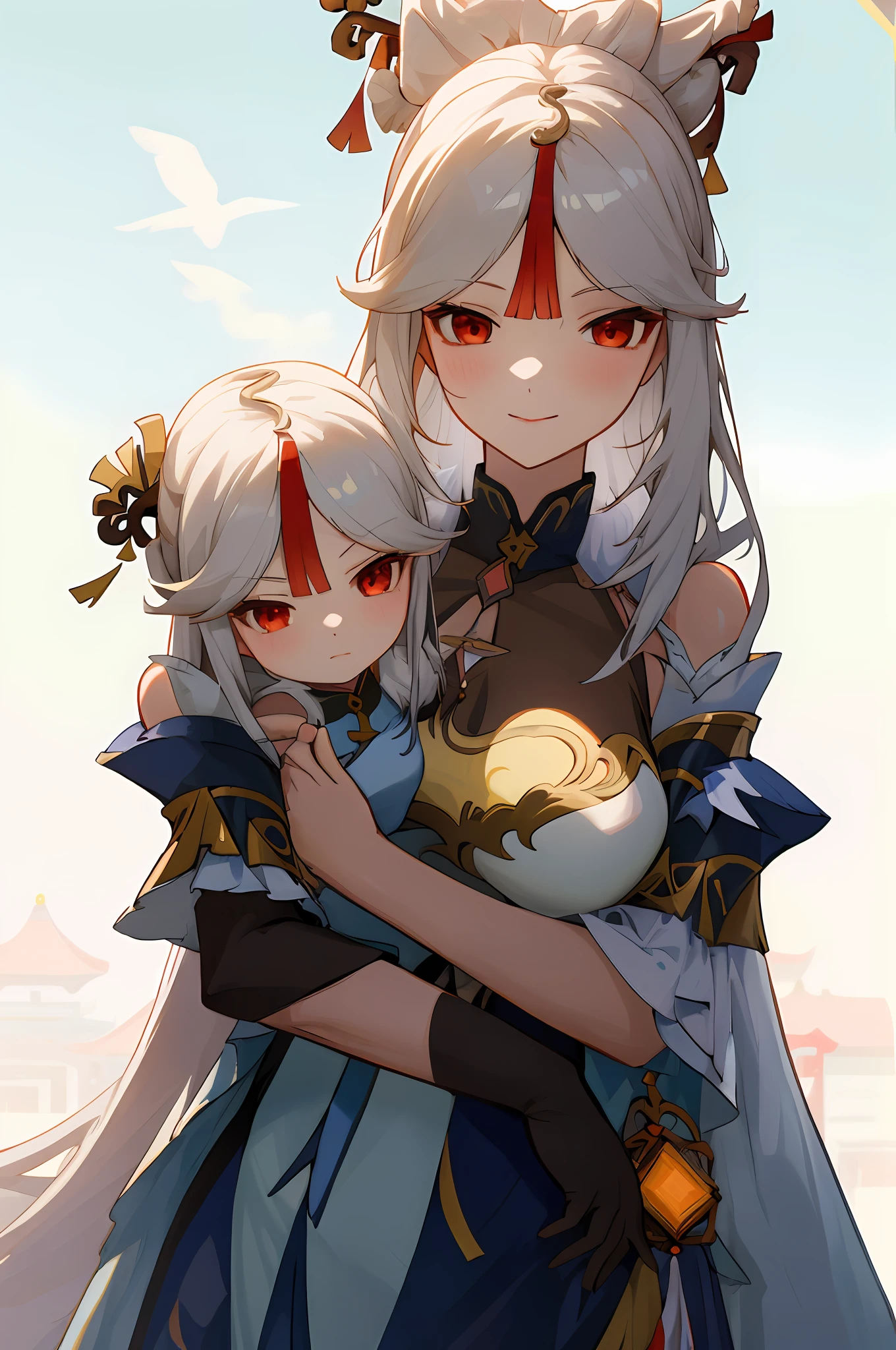 anime image of two women dressed in traditional china clothing in money, Cheongsam, palace a girl in hanfu, wlop and sakimichan, long hair, white haired deity, characters from azur lane, anime fantasy illustration, from the azur lane videogame, genshin, artwork in the style of guweiz, cultivator detailed art, two beautiful anime girls, mother and child, symbol of maternal love, mother and child, such as photos of mother and child