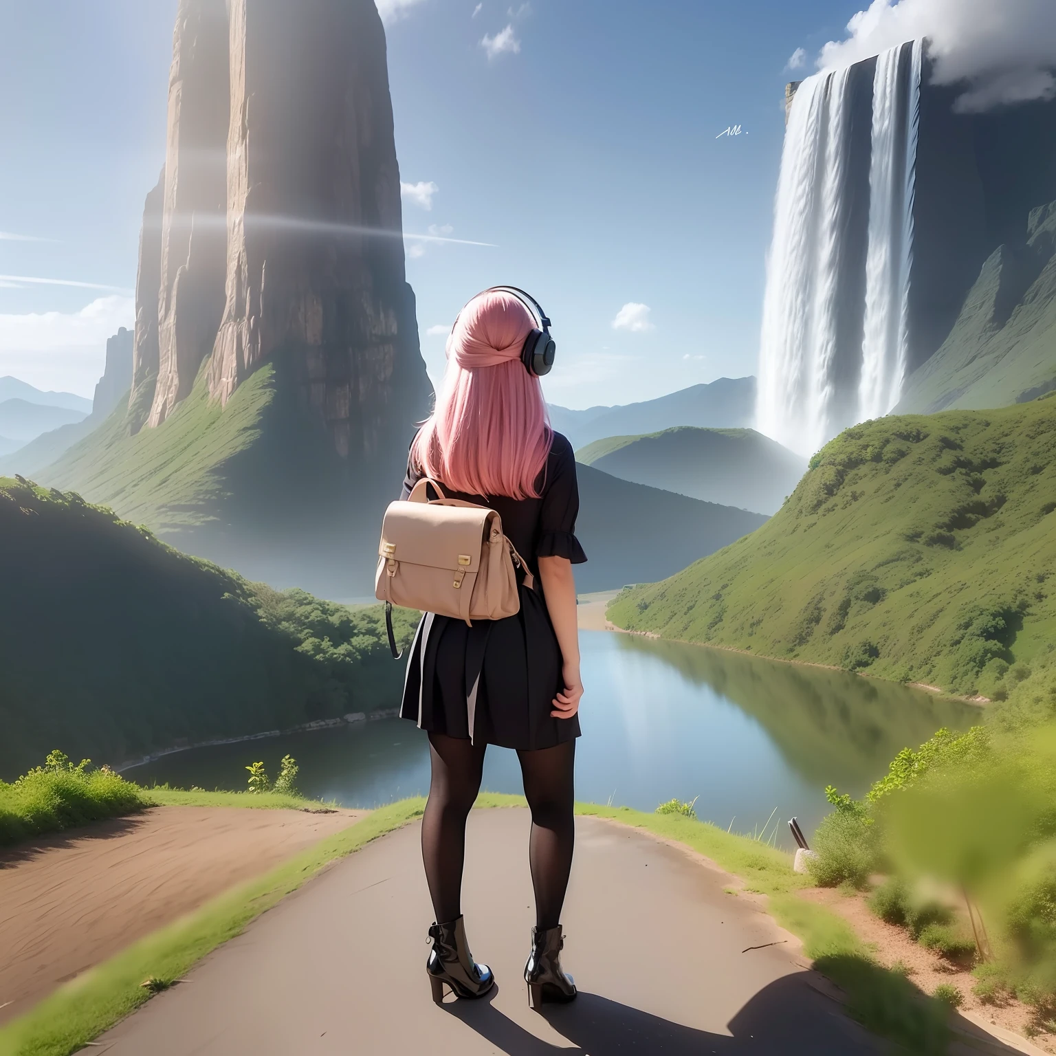 woman standing on a hill looking at a giant alien creature, 1girl, long hair, pink hair, from behind, facing away, backpack, large headphones, high heeled boots, black pantyhose, pencil skirt, sunrise, light rays, hills, mountains, water, river, waterfall, masterpiece, highly detailed, vibrant colors,