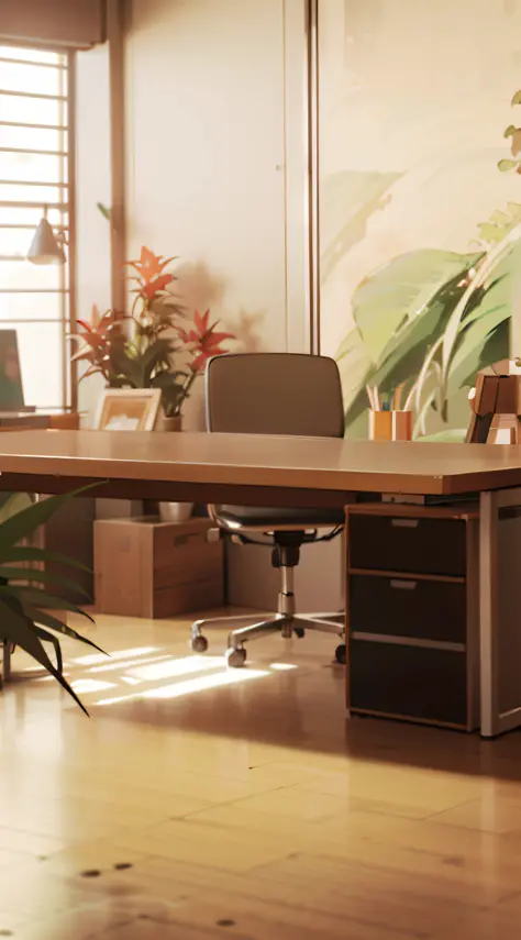 there is a desk with a chair and a plant in the corner, office background, realistic afternoon lighting, corner office background, semi - realistic render, animation style render, offices, studio glibly makoto shinkai, in a open-space working space, with p...