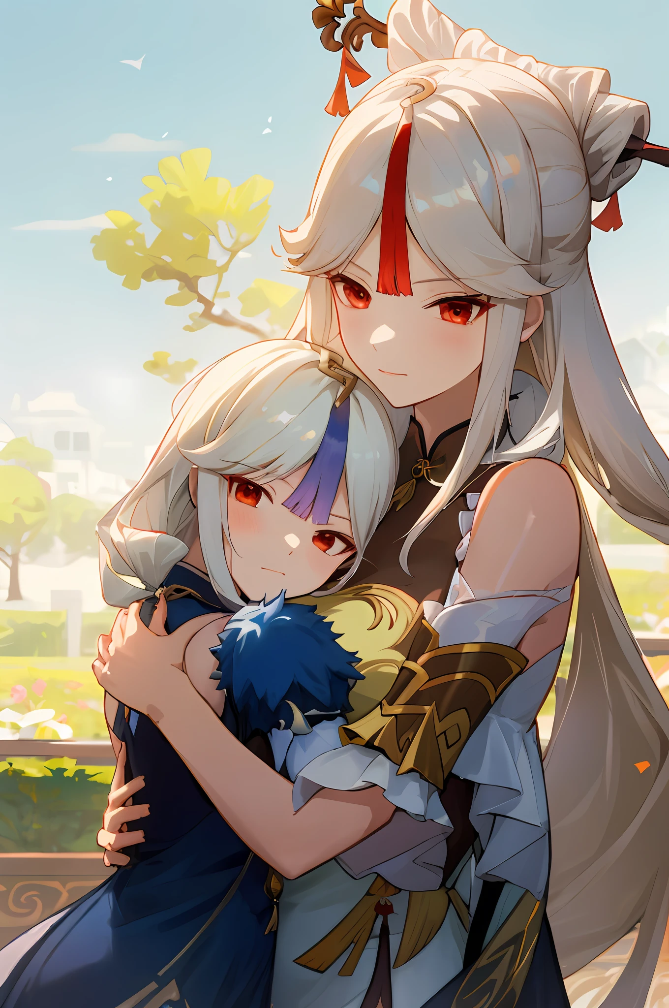 anime image of two women dressed in traditional china clothing in money, Cheongsam, palace a girl in hanfu, frown, wlop and sakimichan, long hair, white haired deity, characters from azur lane, anime fantasy illustration, from the azur lane videogame, genshin, artwork in the style of guweiz, cultivator detailed art, two beautiful anime girls, mother and child, symbol of maternal love, mother and child, hug, such as photos of mother and child