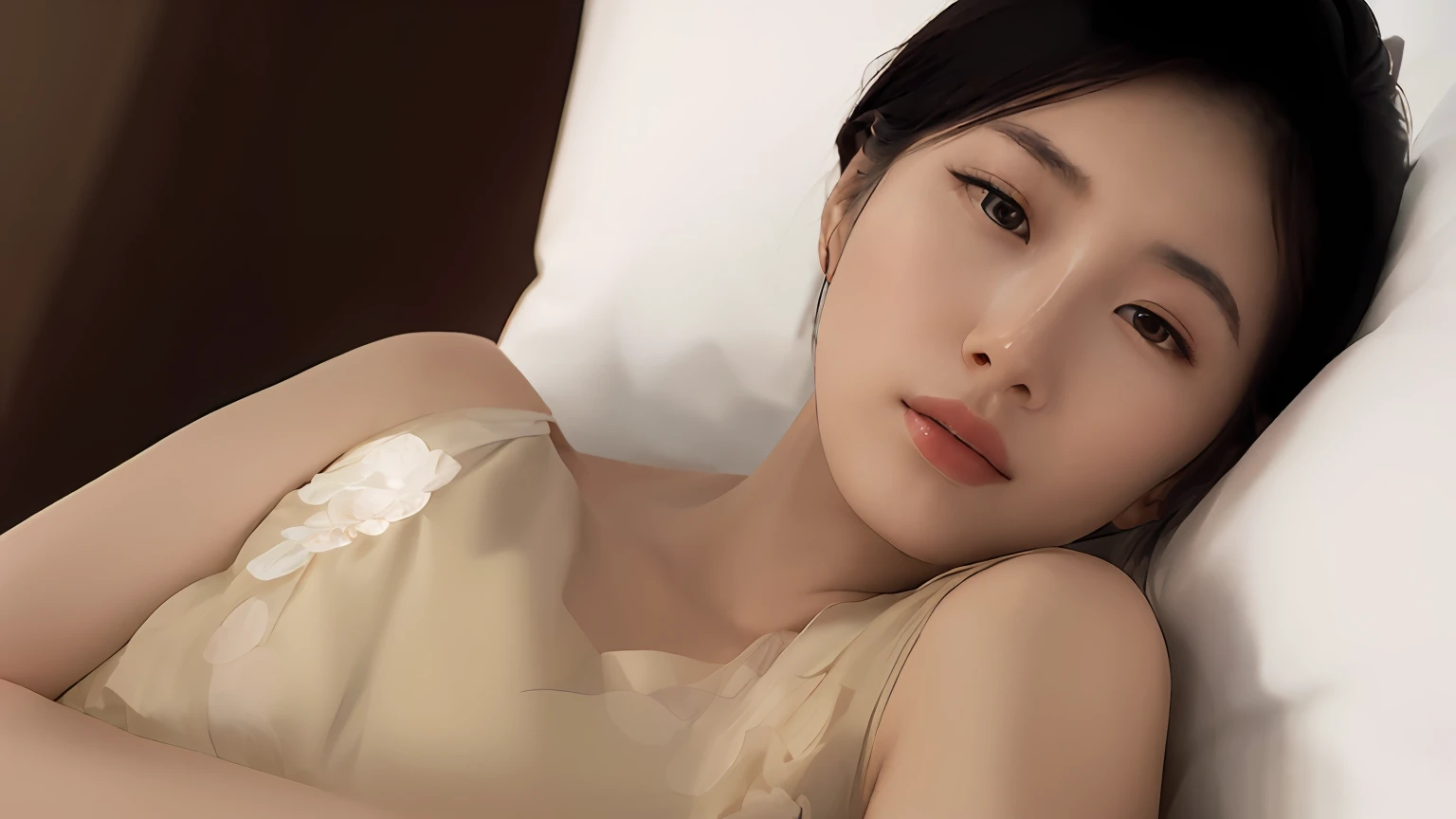 there is a woman laying on a bed with a pillow, artwork in the style of guweiz, realistic. cheng yi, digital art of an elegant, soft portrait shot 8 k, elegant digital painting, realistic digital painting, smooth. digital painting, soft portrait, soft digital painting, glossy digital painting, inspired by Sim Sa-jeong, gorgeous digital painting