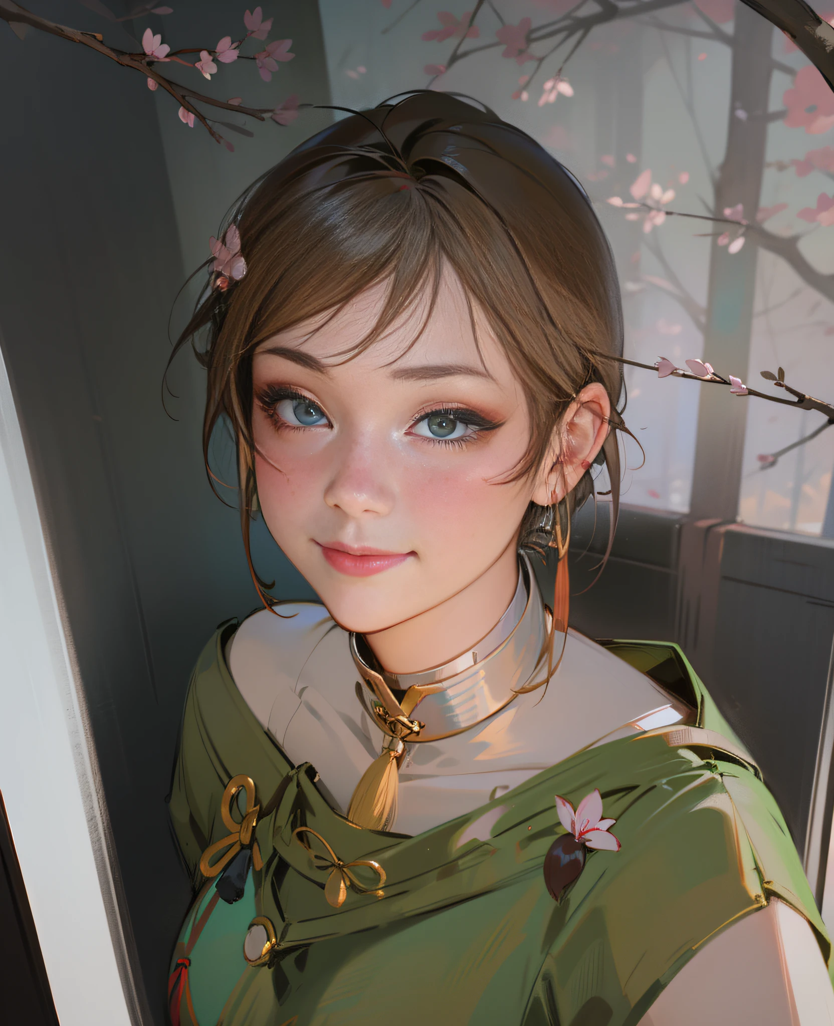 (1girl), (perfect illustration), (masterpiece), (portrait), smile, bright scarlet eyes, short black hair, Chinese cloth, edge lighting, red clothing, round female face, red earrings, closed mouth, lips, beautiful face, photorealistic, soft lighting, close view, high quality, volumetric lighting, soft forest with petal falls, cherry trees, tyndall effect, Japanese Long Bob hair style.