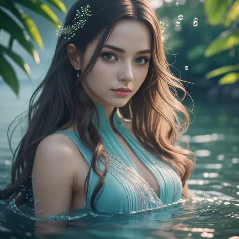A grace and tranquility Russian woman with a serene and gentle presence, Her hair could flow in loose waves or cascades, Her eyes might have a serene and deep gaze,She could wear a flowing gown in shades of blue or aqua,The overall demeanor would exude a s...