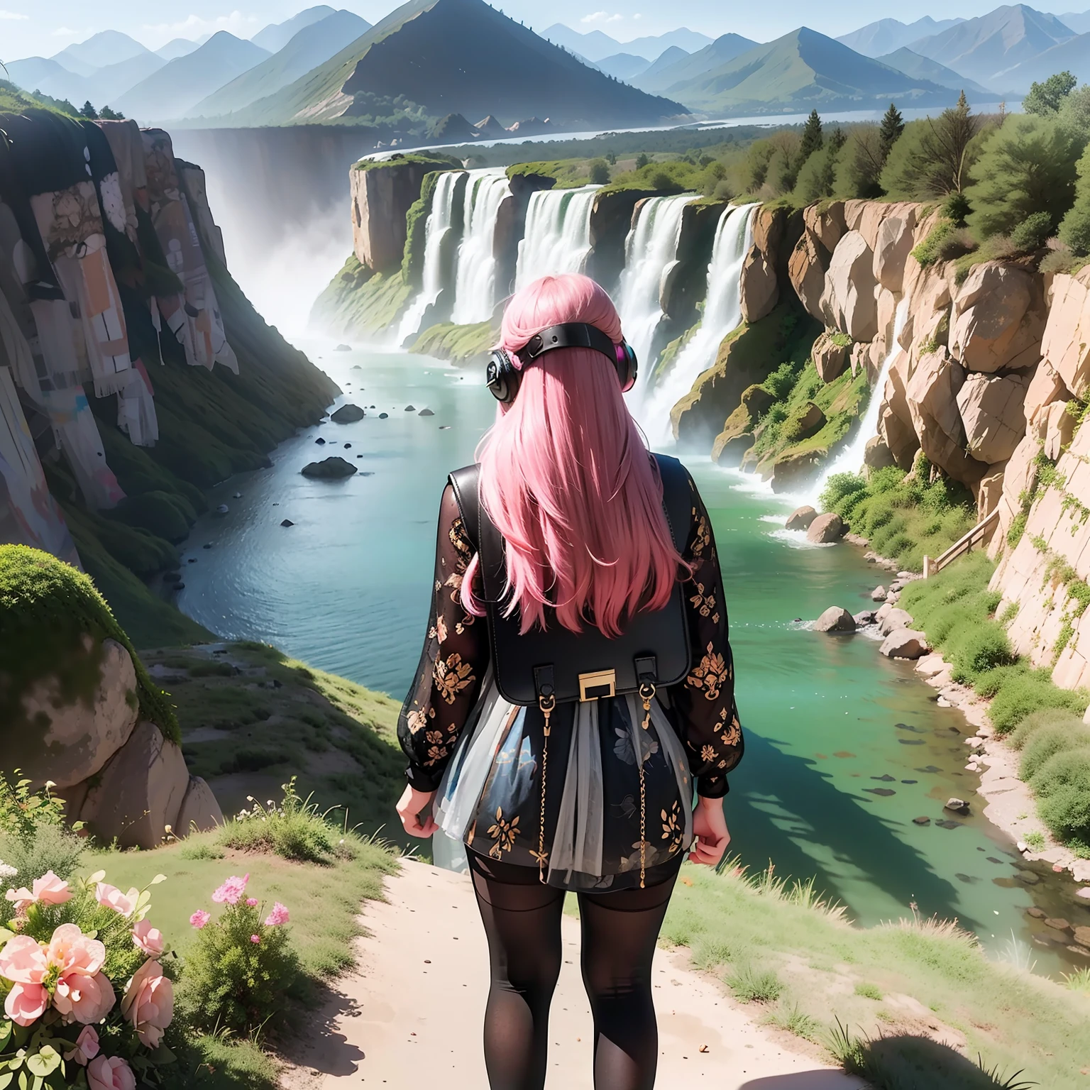 woman standing on a hill overlooking a vast landscape, 1girl, long hair, pink hair, from behind, facing away, backpack, large headphones, high heeled boots, black pantyhose, pencil skirt, sunrise, light rays, hills, mountains, water, river, waterfall, masterpiece, highly detailed, vibrant colors, giant alien creature flying in the sky