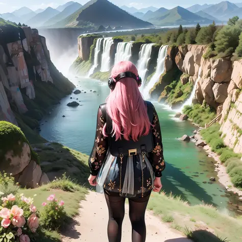 woman standing on a hill overlooking a vast landscape, 1girl, long hair, pink hair, from behind, facing away, backpack, large he...