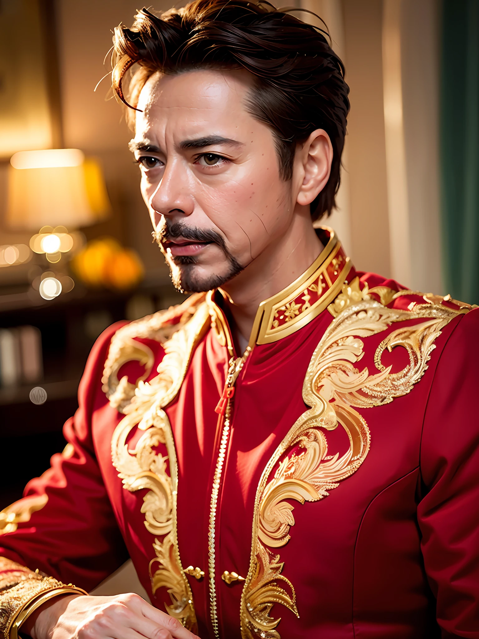 Marvel, Old Tony Stark, Realistic, Dynamic Lights, Old, Stubble, Full Shot, (Very Detailed CG Unified 8k Wallpaper), Trends on ArtStation, Trends on CGSociety, High Detail, Sharp Focus, Dramatic, Photorealistic Photorealism, Red and Gold Dresses