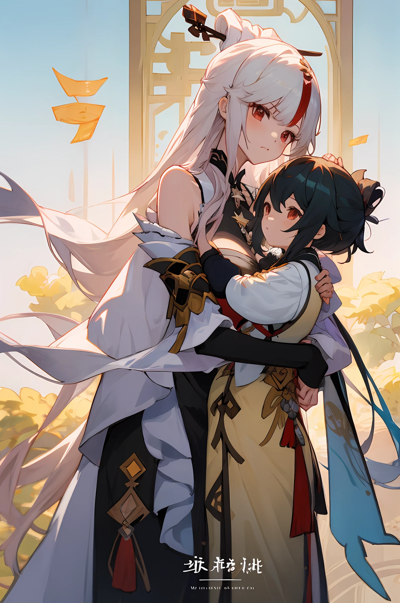 anime image of two women dressed in traditional china clothing in money, Cheongsam, palace a girl in hanfu, frown, wlop and sakimichan, long hair, white haired deity, characters from azur lane, anime fantasy illustration, from the azur lane videogame, genshin, artwork in the style of guweiz, cultivator detailed art, two beautiful anime girls, mother and child, symbol of maternal love, mother and child, such as photos of mother and 