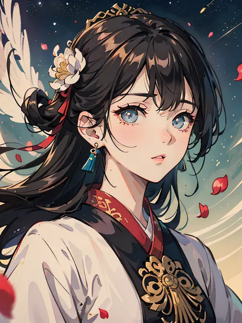 Mature girl , black hair, floating hair, delicate and smart eyes, starry pupils, intricate damask hanfu, gorgeous accessories, wearing pearl earrings, FOV, f1.8, masterpiece, complex scene, flower petals flying, front portrait shot, Chang'e --auto