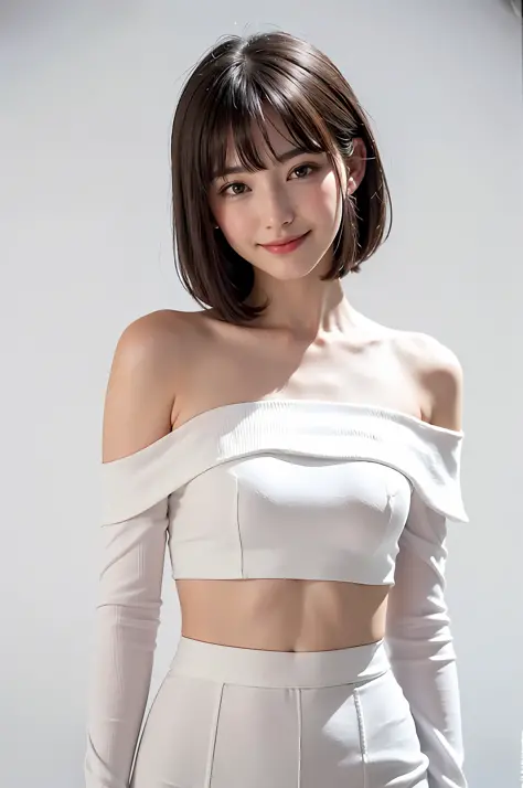 ((masterpiece, top quality)), 1 girl, (photorealistic: 1.4), solo, really snow-white background, black hair, short hair, absolute area, miniskirt, ((beauty, cute, 20 years old, bangs, little smile, white clothes, white outfit, white outfit, ears out, off-s...