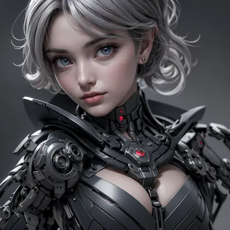 Beautiful girl, small face, blue eyes, ((mechanical parts are damaged)), her neck is mechanized, (((her chest is the chest of a ...