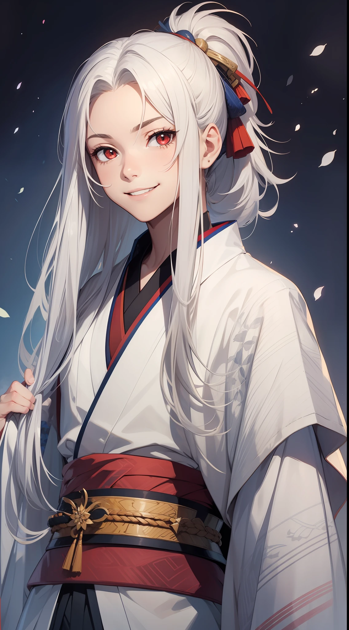 Young guy, long white hair, high ponytail, red eyes, blue sleeveless samurai kimono, smile, masterpiece, high quality