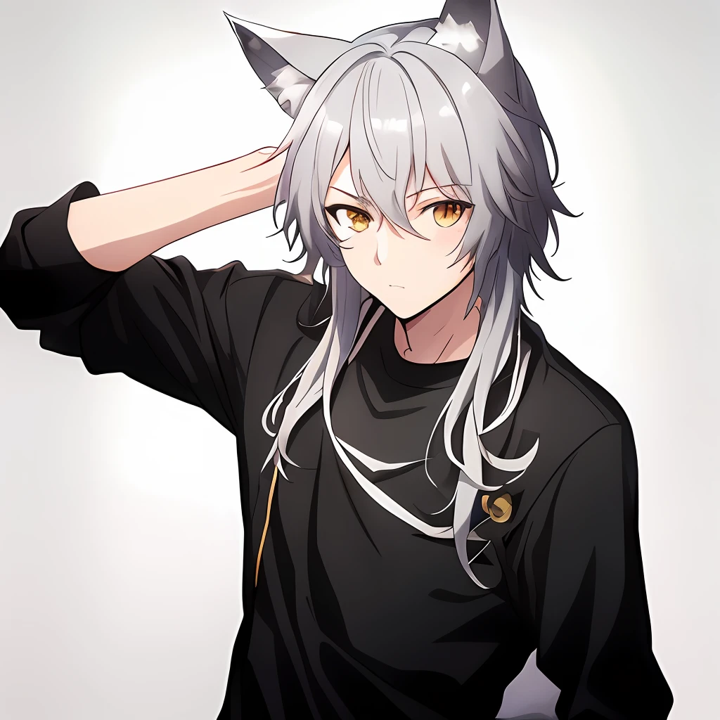 Boys, Anime - Male style image with cat ears and black shirt, from Arc Knights, from Girls Frontline, Anime moe art style, White-haired wolf, Anime boy with wolf ears, Wolf ears, Arc Knights, High quality anime art style, Anime style characters