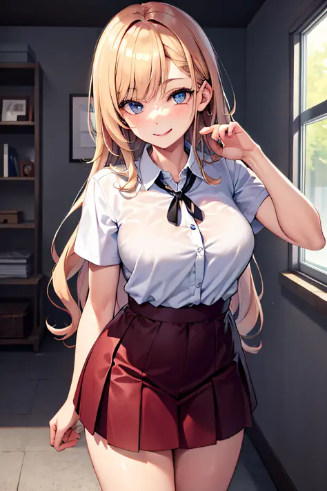 Detailed shiny skin, a pretty girl, standing, looking out the window, white shirt, collared shirt, long red skirt, smile (nose red), blue eyes + dark circles, long hair + curly hair, makima \ (chainsawman\)