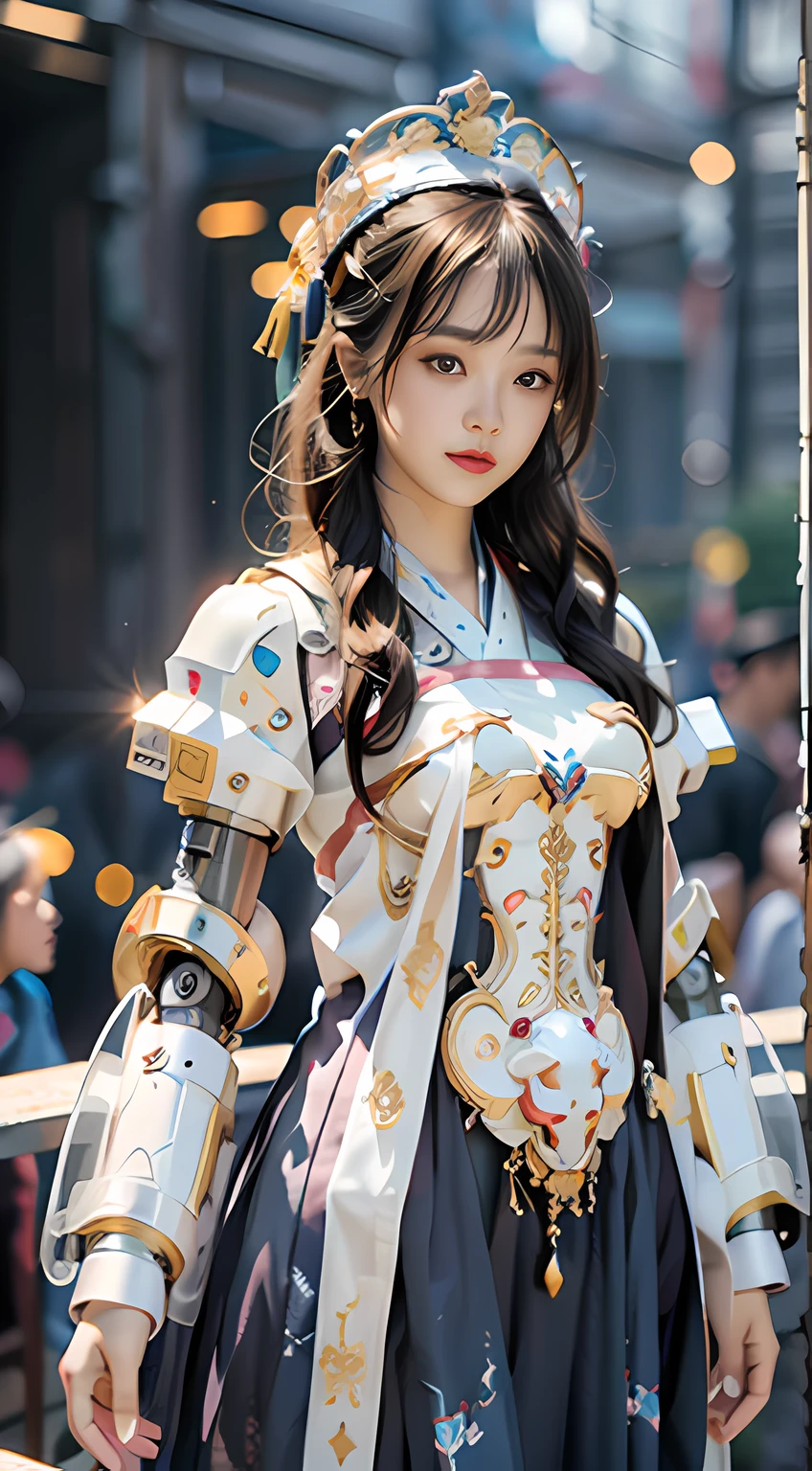 A girl looking at the audience, brunette hair, chinese girl, headdress, chinese hair accessories, (hanfu: 1), (mecha: 1.2), robotic arm, (magic: 1), front, magic elements, (full body: 1.5), simple background, bright background, futuristic, first-person view, pov, panorama, ultra hd, masterpiece, accurate, anatomically correct, textured skin, high detail, best quality, high resolution, 8k, perfect facial proportions, upright body, beautiful eyes, perfect face, Detailed face, elegant, simple background,