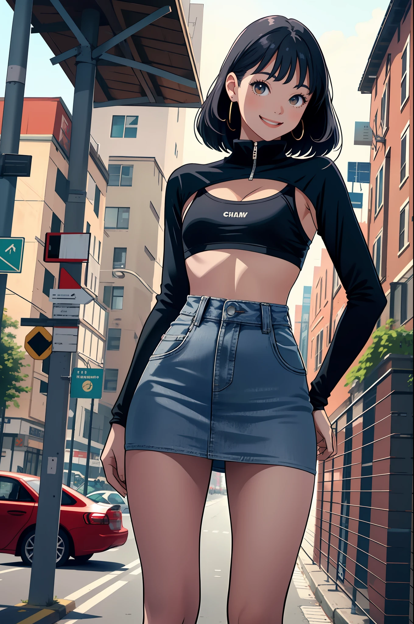 masterpiece, Top Quality, Absurdity, Perfect Anatomy, One Girl, Solo, Shrug \(clothing\), Long sleeve, Miniskirt, Standing, City, Outdoors, Cowboy shot, Smile, Black hair