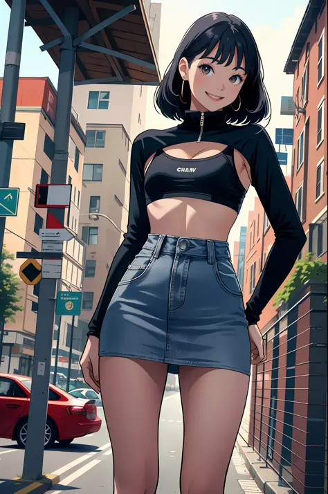 masterpiece, top quality, absurdity, perfect anatomy, one girl, solo, shrug \(clothing\), long sleeve, miniskirt, standing, city...