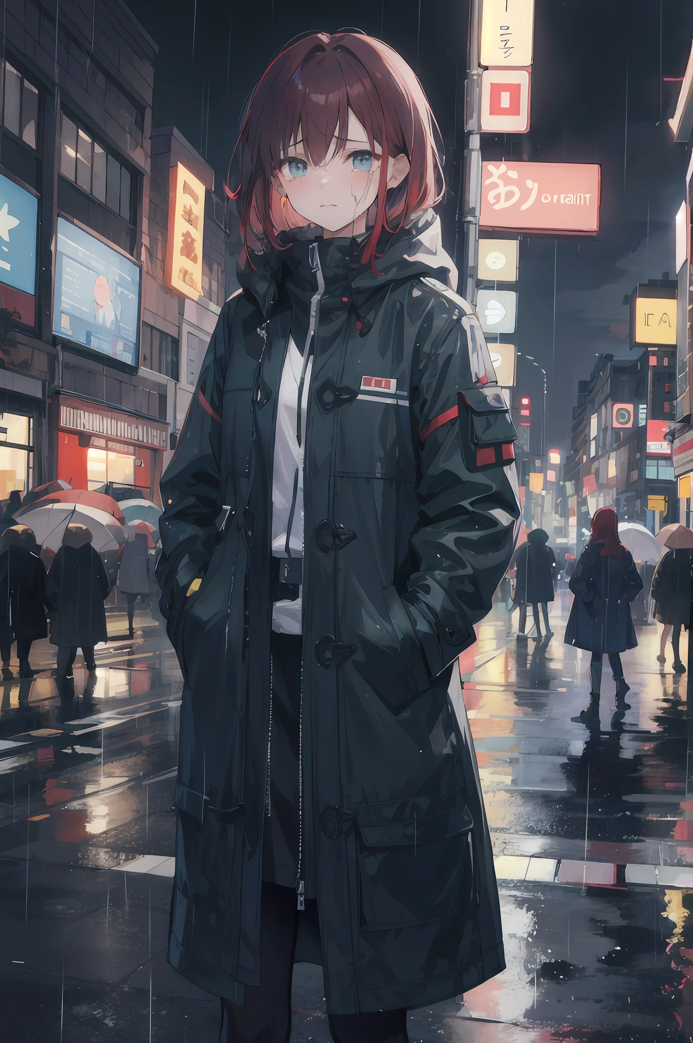 1girl, night city, rain, coat, hands in pockets, tears, crying, red hair