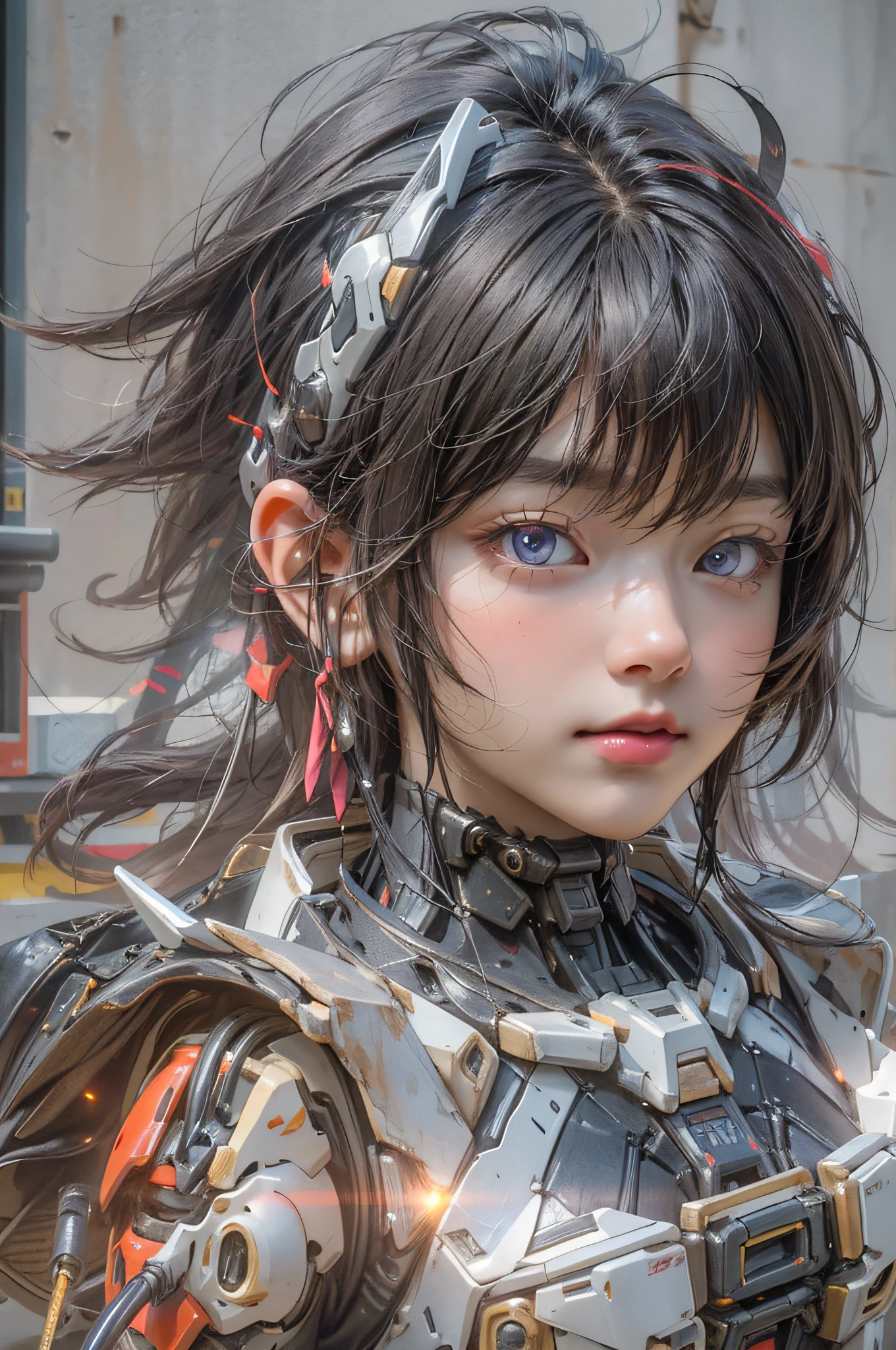 Top Quality, Masterpiece, Ultra High Resolution, (Photorealistic: 1.4), Raw Photo, 1 Girl, Black Hair, Glossy Skin, 1 Mechanical Girl, (Ultra Realistic Detail)), Portrait, Global Illumination, Shadows, Octane Rendering, 8K, Ultra Sharp, Big, Cleavage Exposed Raw Skin, Metal, Intricate Ornament Details, Japan Details, Very intricate details, realistic light, CGSoation trend, purple eyes, glowing eyes, facing the camera, neon details, mechanical limbs, mechanical, standing, wires and cables connecting to the head, gundam, small LED lamps, neon light, 1 Mecha, sharp eyes, human mouth, mecha body, mechanical body, gundam suit,, great hair, straight body mecha, mecha, neon body, anime girl with a futuristic body and a gun in her hand, portrait anime space cadet girl, cyberpunk anime girl mech, guweiz on artstation pixiv, mechanized soldier girl, guweiz on pixiv artstation, detailed digital anime art, cute cyborg girl, girl in mecha cyber armor, perfect android girl, anime mecha aesthetic, Extremely cute human eighteen year old man face, human torso, human abs, human abdomen, human hips, robotic arms, mechanical legs, arms and legs with hard white shiny shell and black joints, very beautiful and male, short, , small, small, medium bust, cleavage display, flat belly display, partial helmet with antenna on the ear, black robot joints, very stylish, award-winning product design, black rubber tights, Shiny white metal cuirass opens at cleavage and belly, white metal rump with folds, armor with stylish, glowing trim, mecha fox tail
