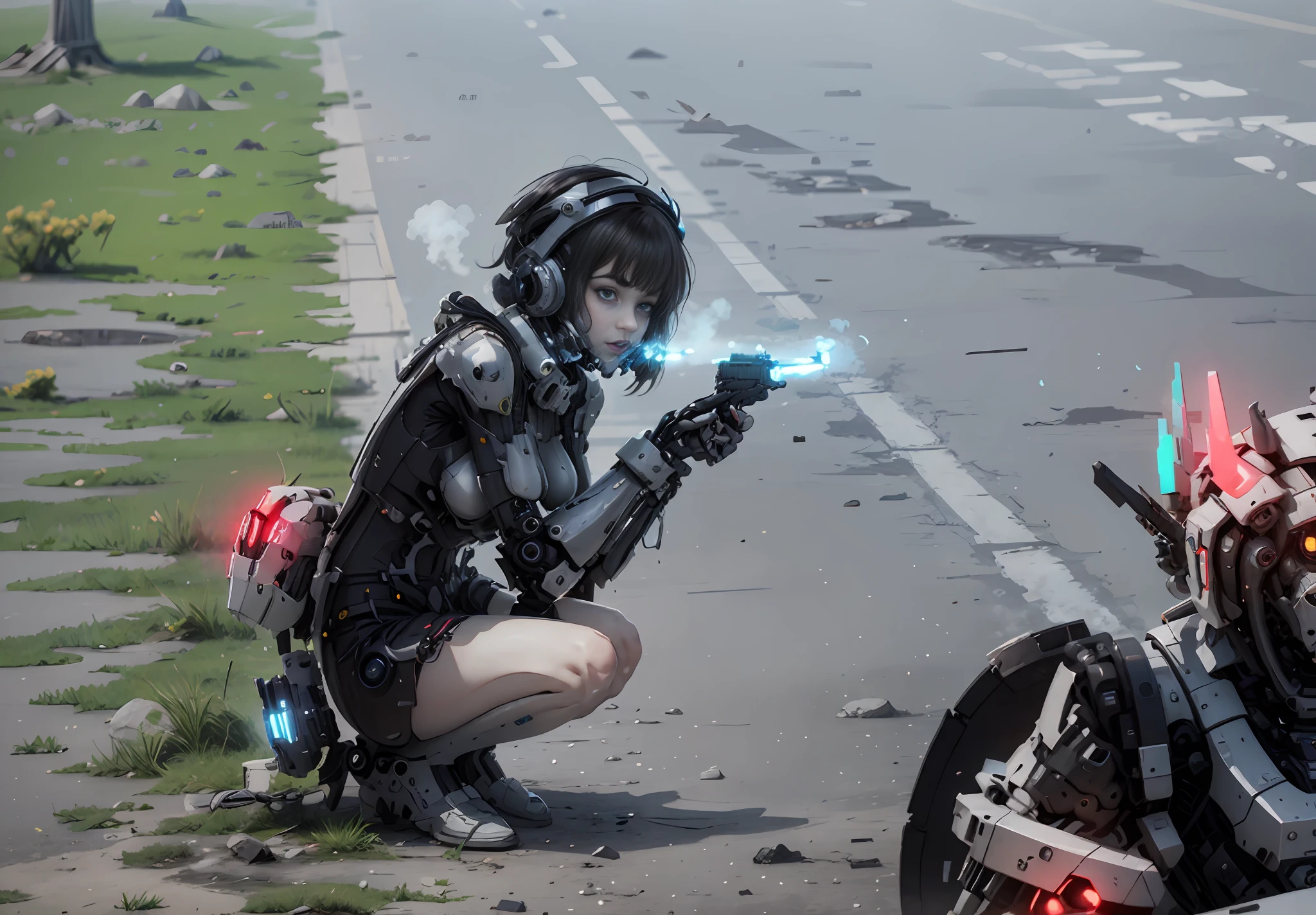 This is a super detailed, high-resolution and top-quality CG Unity 8k wallpaper, the style is cyberpunk, the picture appears in the white messy short hair beautiful girl, delicate face, wearing a steam mech helmet, the girl wearing white and red futuristic steam mech clothes, Valkyrie, behind a huge robot, female holding a pistol, the scene remains unchanged