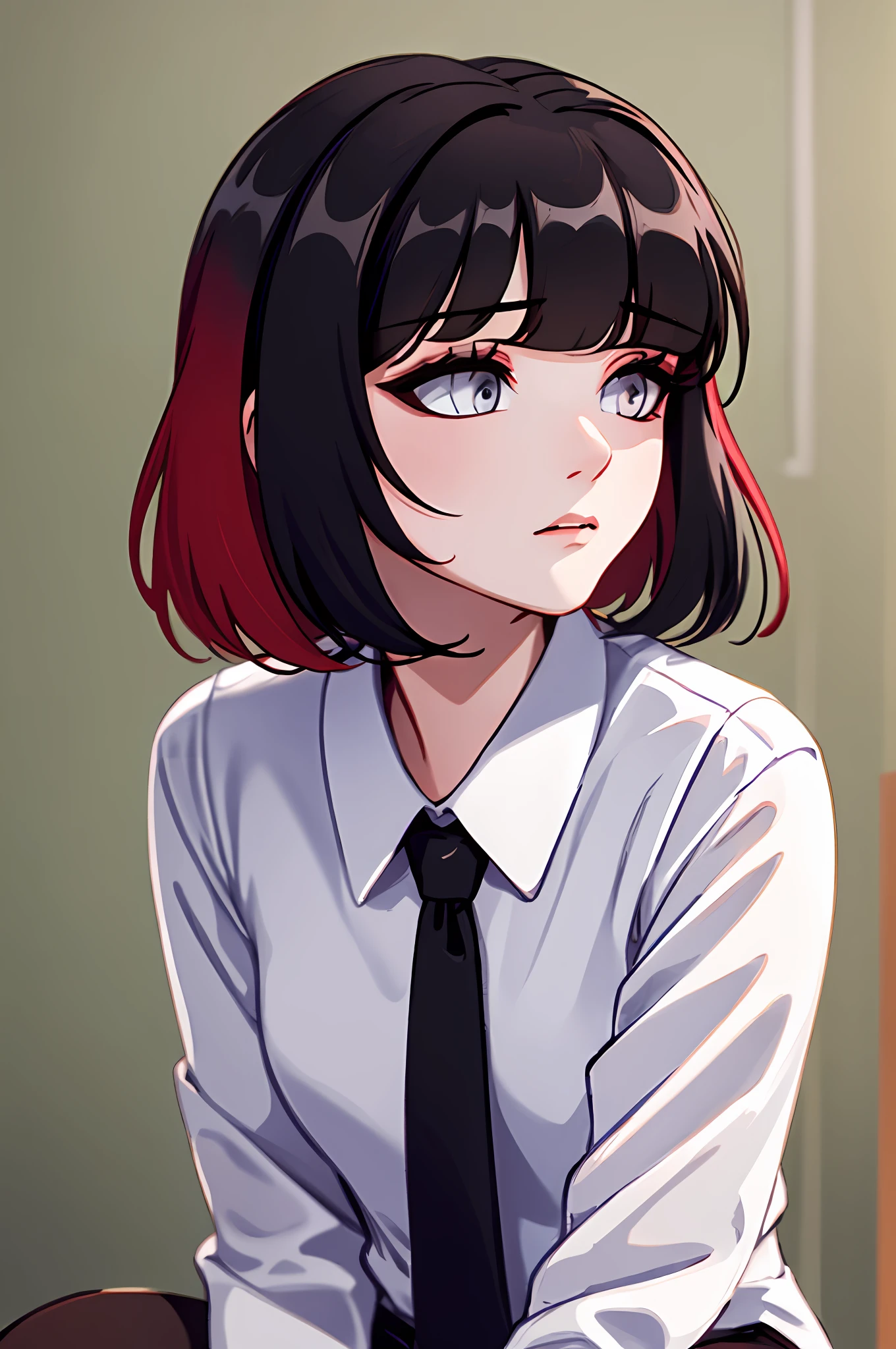 ((masterpiece, Best Quality))), Coupling, solo, 1girl, ((red hair, black hair, multicolored hair)), (white shirt, black tie), short hair, white tights, seated, (close-up of the face), very detailed, photorealism, photorealism, surprised, puzzled, sad, slightly blurred background, (looks to the side, head slightly turned, looks in the mirror), side view