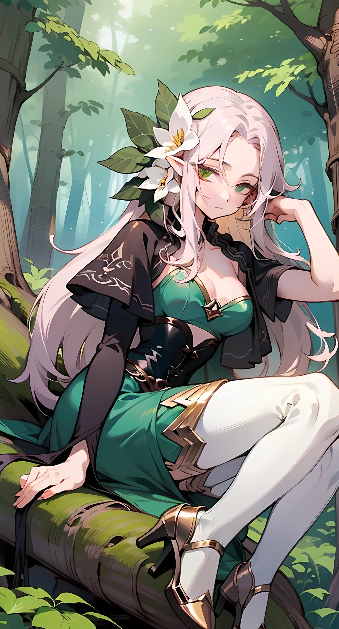 there is a woman sitting on a rock in a forest, anime girl cosplay, anime cosplay, cosplay photo, ornate cosplay, alluring elf princess knight, forest fairy, cosplay, very beautiful elven top model, forest soul, elf princess, elf girl, fantasy photoshoot, forest fae, goddess of the forest, fey queen of the summer forest
