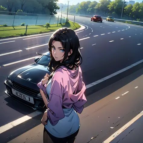 The heroine of Miyazaki's style, aged 20, drives a sports car on the highway