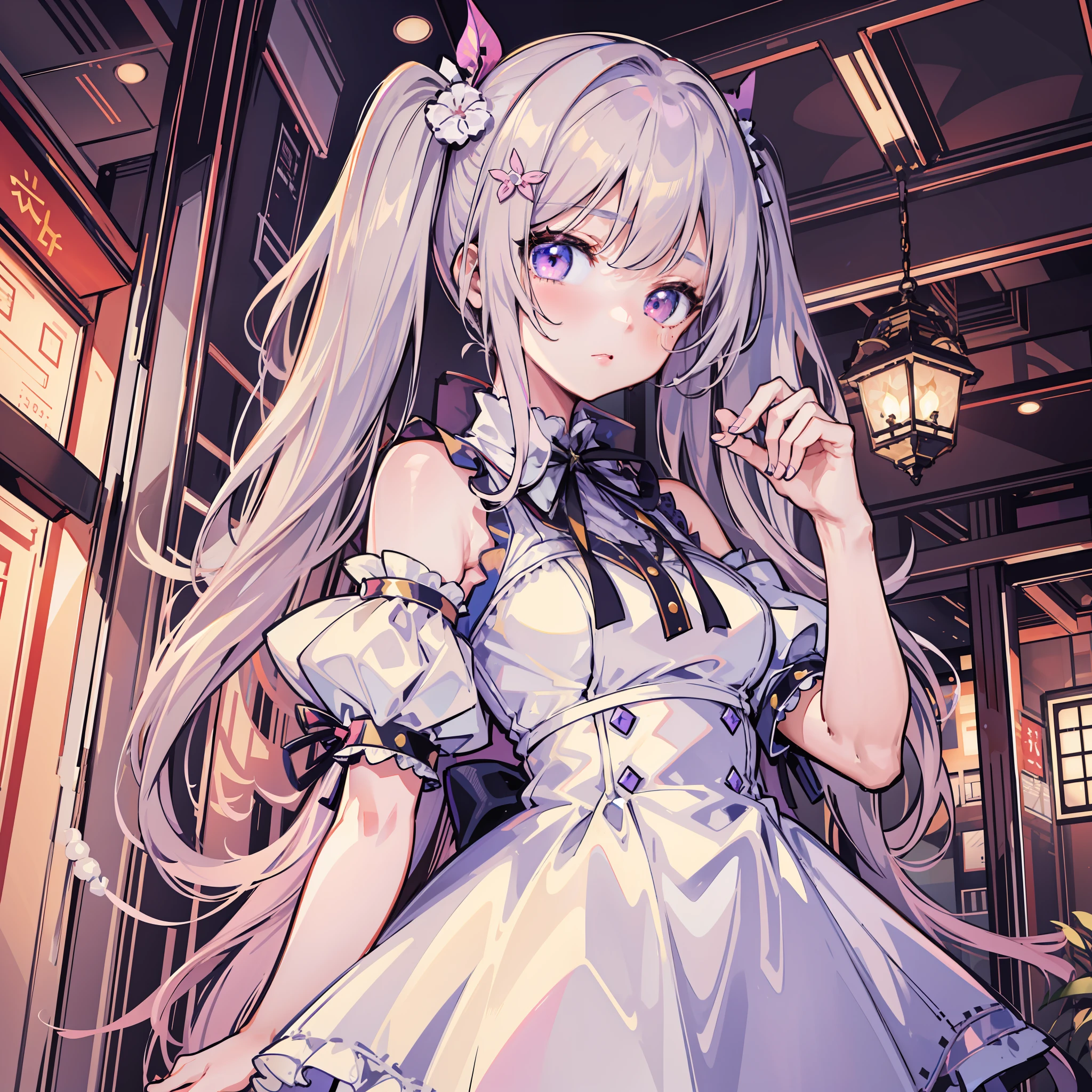 Anime-Mädchen in einem weißen Kleid mit langen Haaren und einer rosa Schleife, süße Anime-Waifu in einem schönen Kleid, Loli im Kleid, Anime-Stil 4k, Anime-Moe-Kunststil, Splash Art Anime Loli, , hochdetailliertes offizielles Kunstwerk, aus dem Azur Lane-Videospiel, bestes Anime 4k Konachan-Hintergrundbild, Detaillierte digitale Anime-Kunst