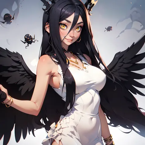 (albedo) black hair, yellow eyes, white dress, gold spiderweb necklace, black wings on hips, crazy smile, large eyes