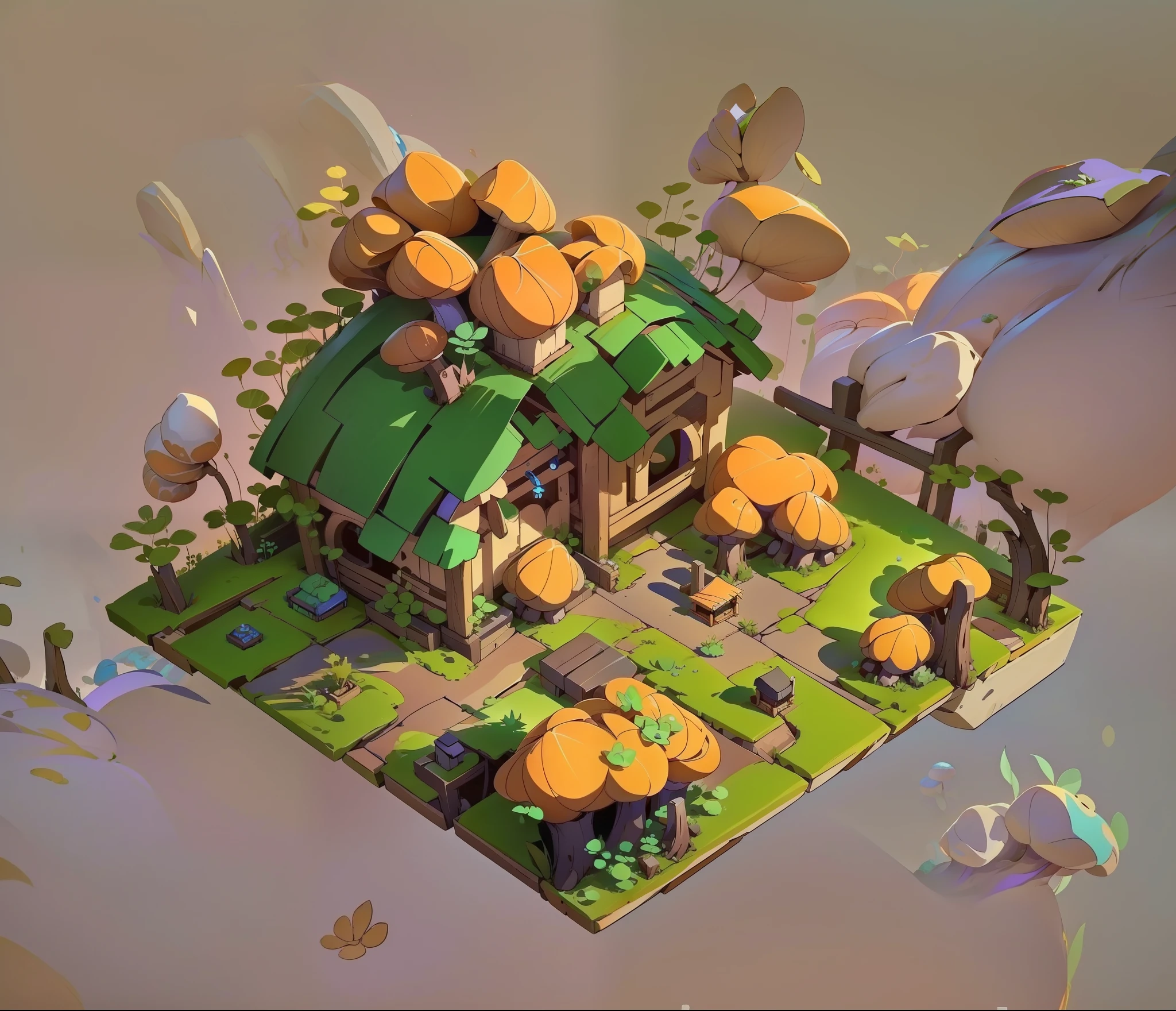 there is a small hut with a green roof and a basket of mushrooms, witch hut, building mushrooms, isometric game art, isometric game asset, game asset, mushroom house, isometric 2 d game art, stylized game art, isometric 3d fantasy cute house, stylized concept art, slavic city. big mushrooms, mushroom hut in background