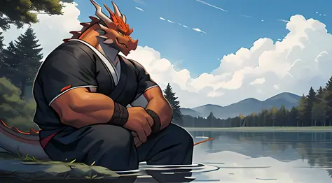 anthro, male, old chubby dragon, (red dragon), (detailed eyes), realistic clothing, big fat. overweight, white beard, samurai cl...