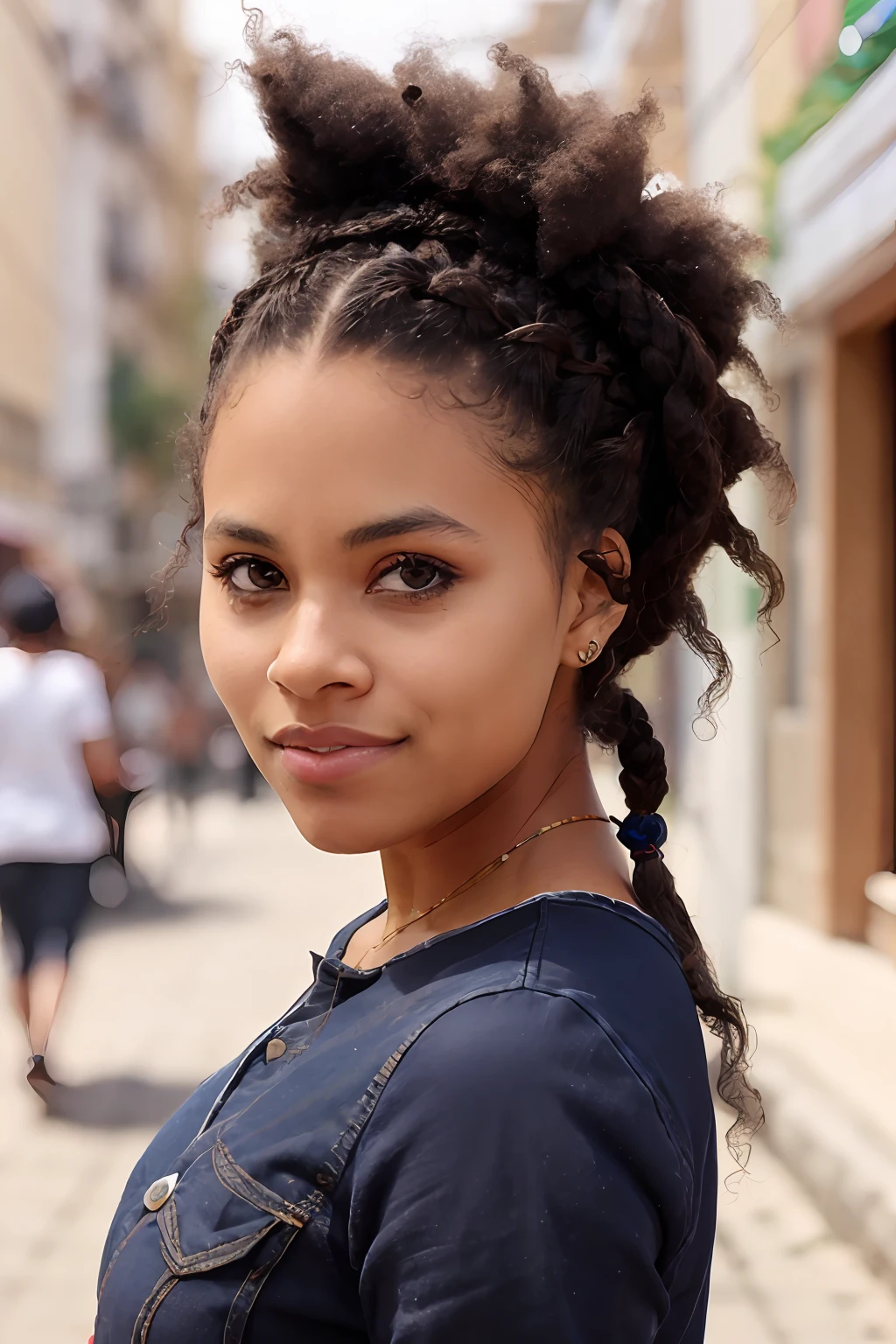 Photo of beautiful Malagasy woman madagascar, hair in braid, photorealistic zazie, afro bun, absurds, white shirt, jeans, street