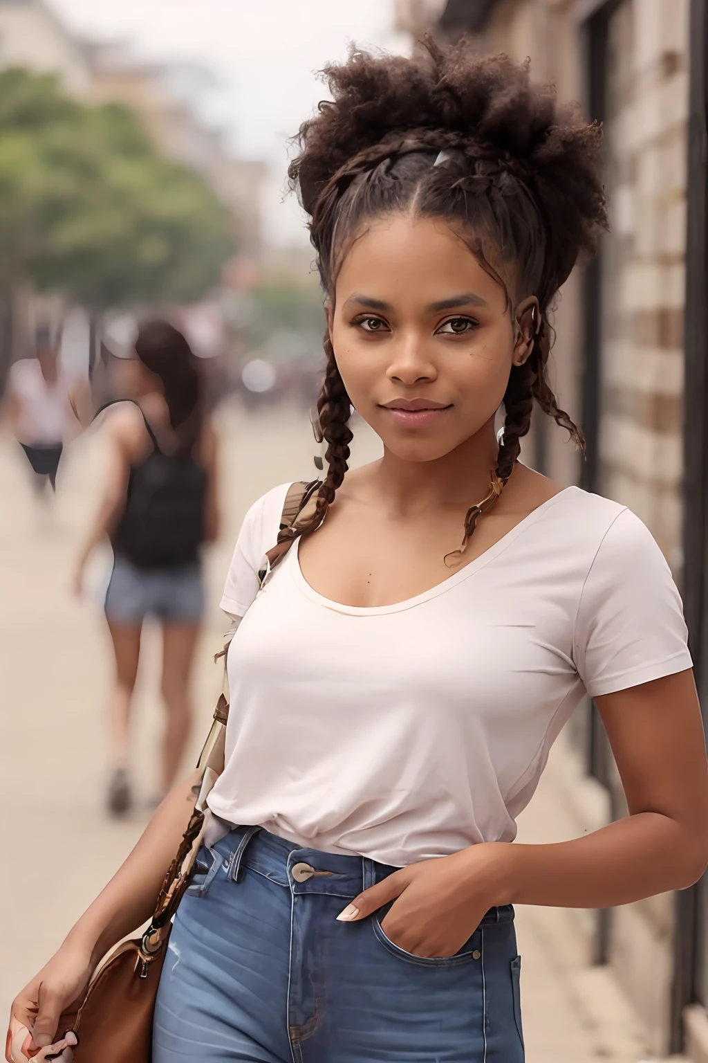 Foto einer wunderschönen Madagassischen Frau aus Madagaskar, Haare im Zopf, fotorealistische Zazie, Afro-Brötchen, absurds, weißes Hemd, Jeans, Straße