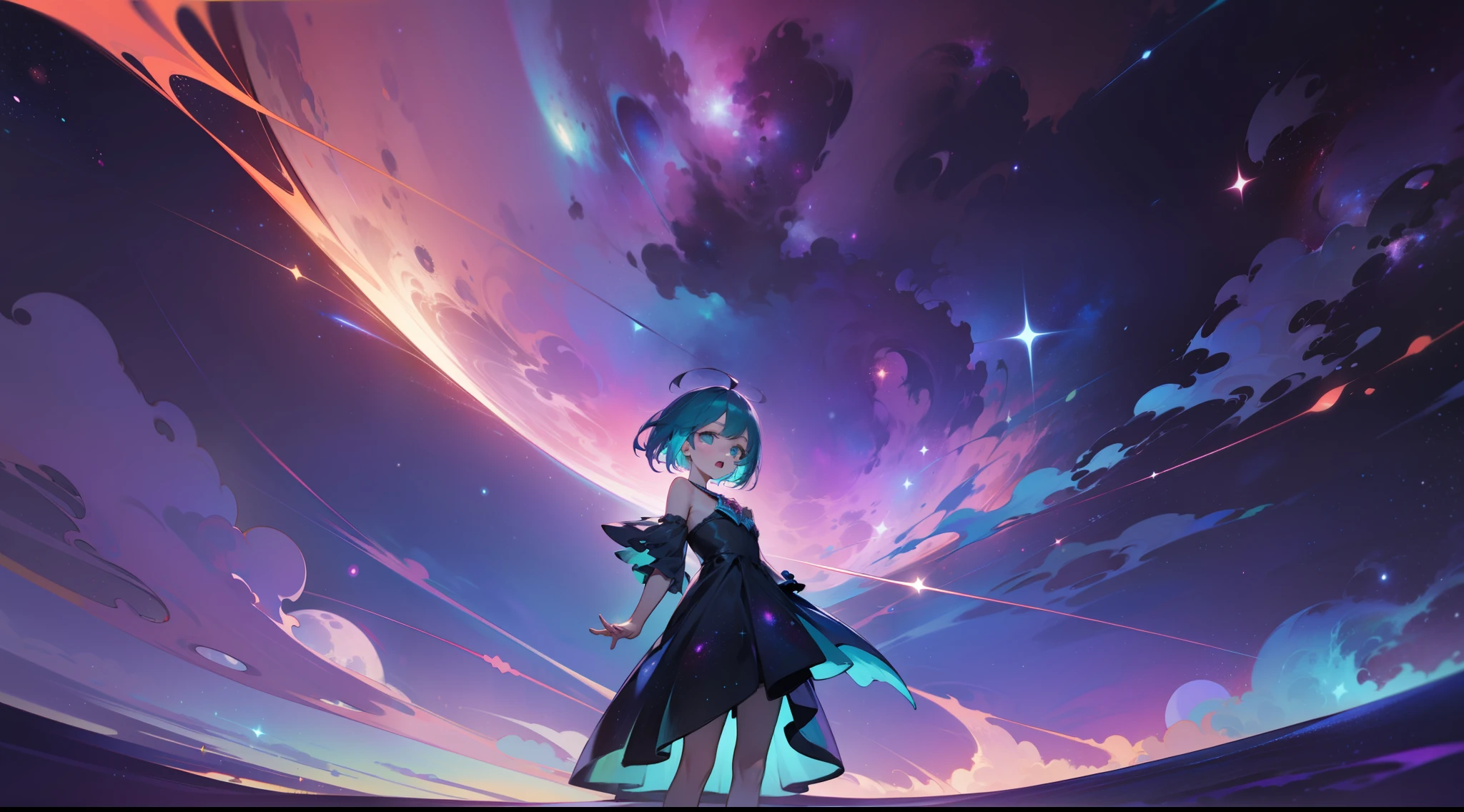 a girl, wildly colored short hair, dark fantasy, teal simple and short dress, barefoot, standing, cosmic nebula background, stars, galaxies