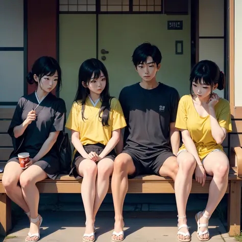 Three friends sitting on a bench (1 Korean with black shirt, 1 Chinese with yellow shirt, 1 Japanese with white shirt) --auto