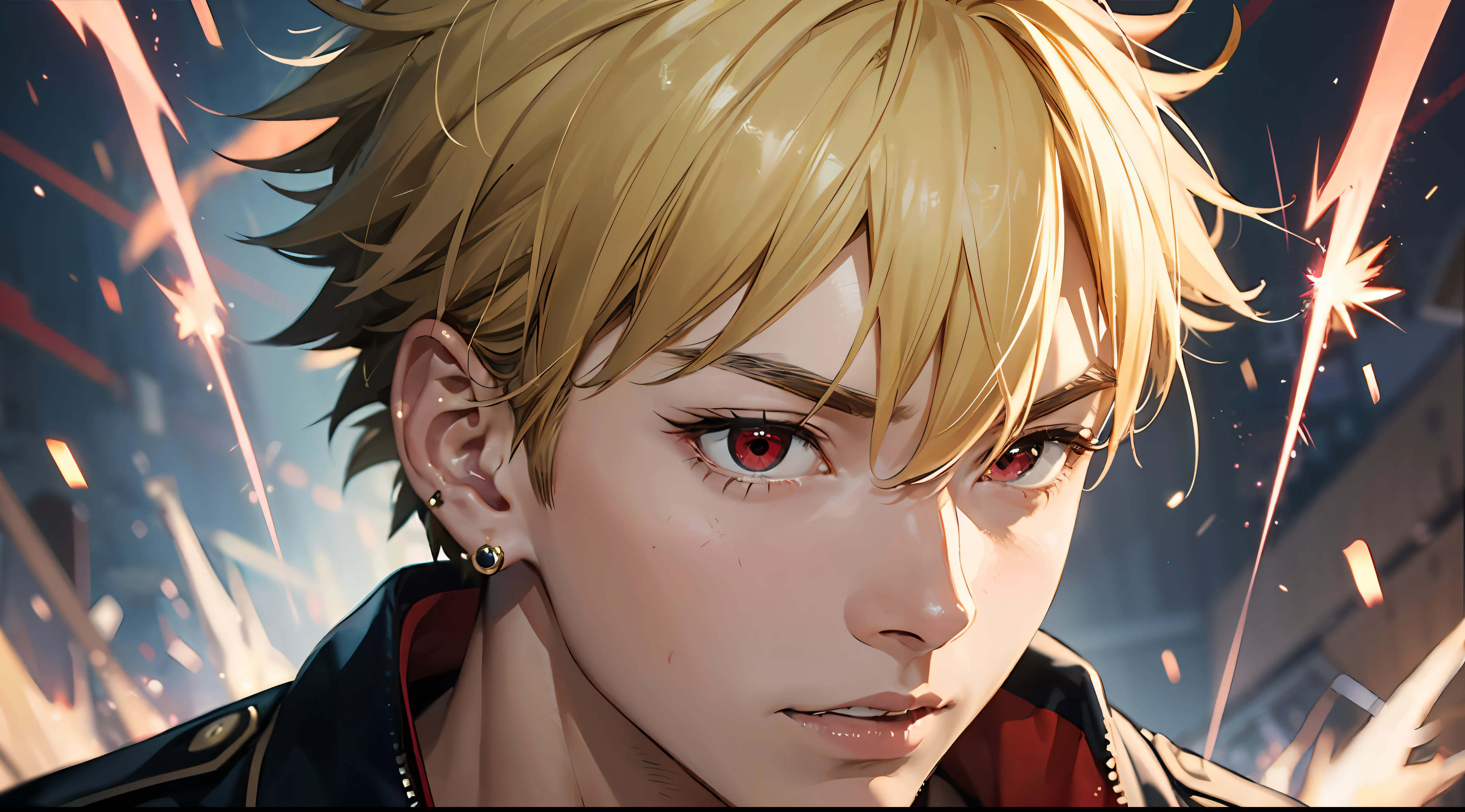 Anime guy with blonde hair and red eyes staring at something - SeaArt AI