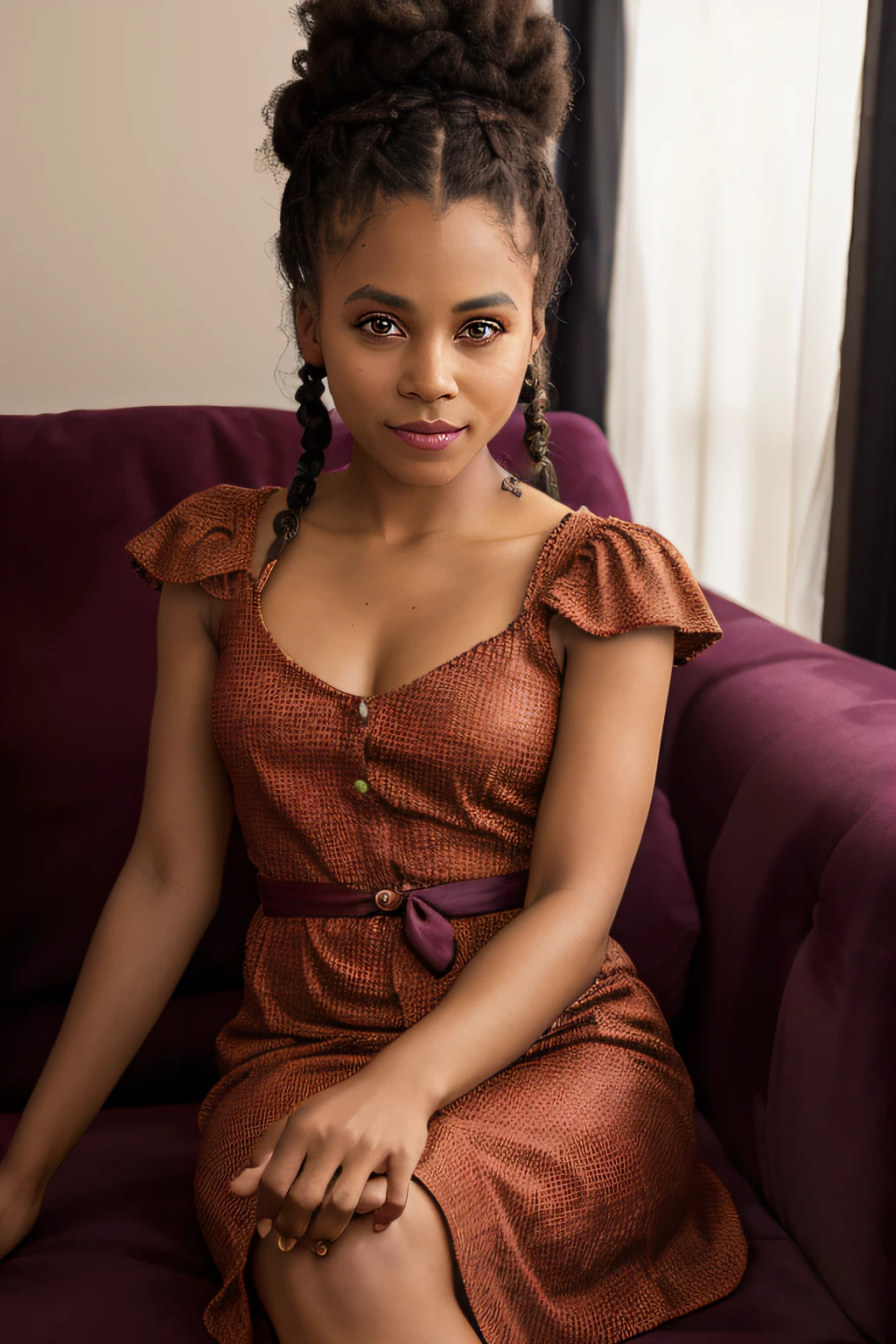 Photo of beautiful Malagasy woman from madagascar, hair in braid, photorealistic zazie, afro bun, absurdres, little dress, on the sofa, cinematic light