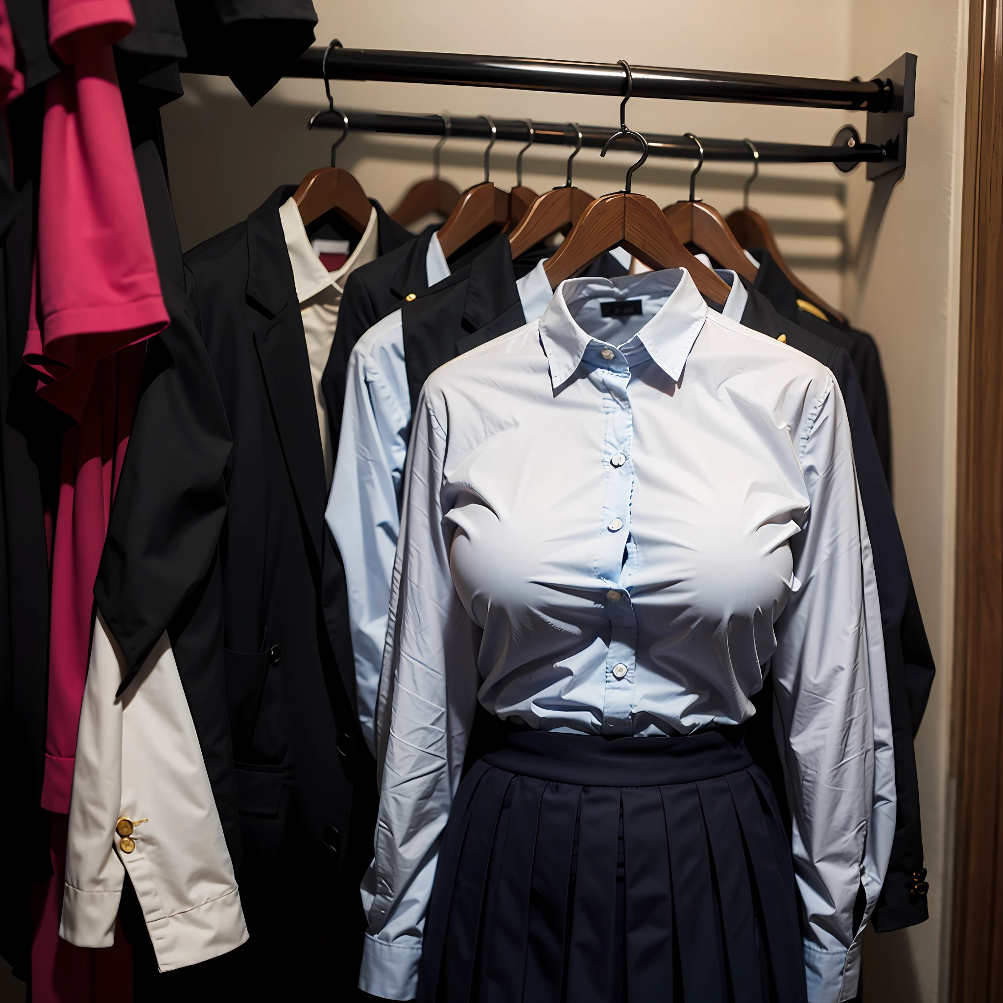 There are three shirts and a skirt on a rack in a closet - SeaArt AI