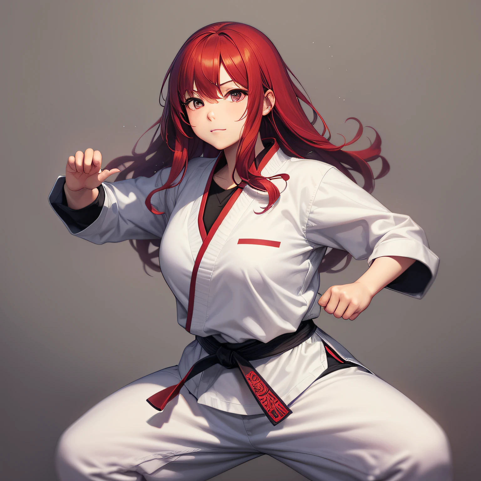Short Chubby Asian Girl with Long Red Hair doing martial arts. Manga Sketch