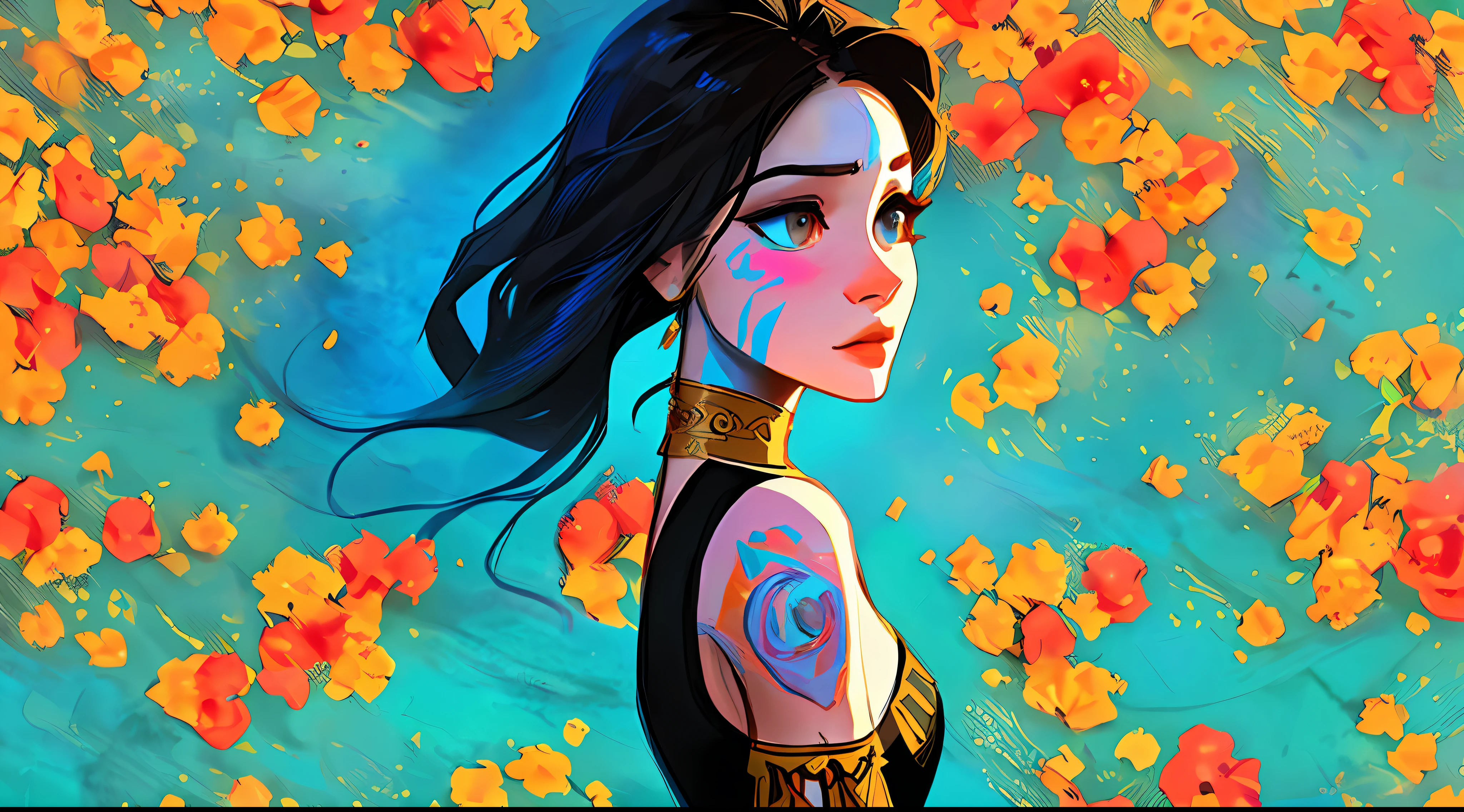 (symmetry:1.1) (portrait of floral:1.05) a woman as a beautiful goddess, (assassins creed style:0.8), blue and pink and opal color scheme, beautiful intricate filegrid facepaint, intricate, elegant, highly detailed, digital painting, artstation, concept art, smooth, sharp focus, illustration, art by greg rutkowski and alphonse mucha, 8k