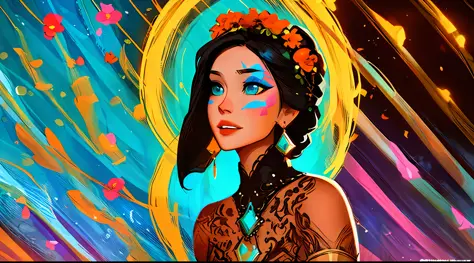 (symmetry:1.1) (portrait of floral:1.05) a woman as a beautiful goddess, (assassins creed style:0.8), blue and pink and opal col...