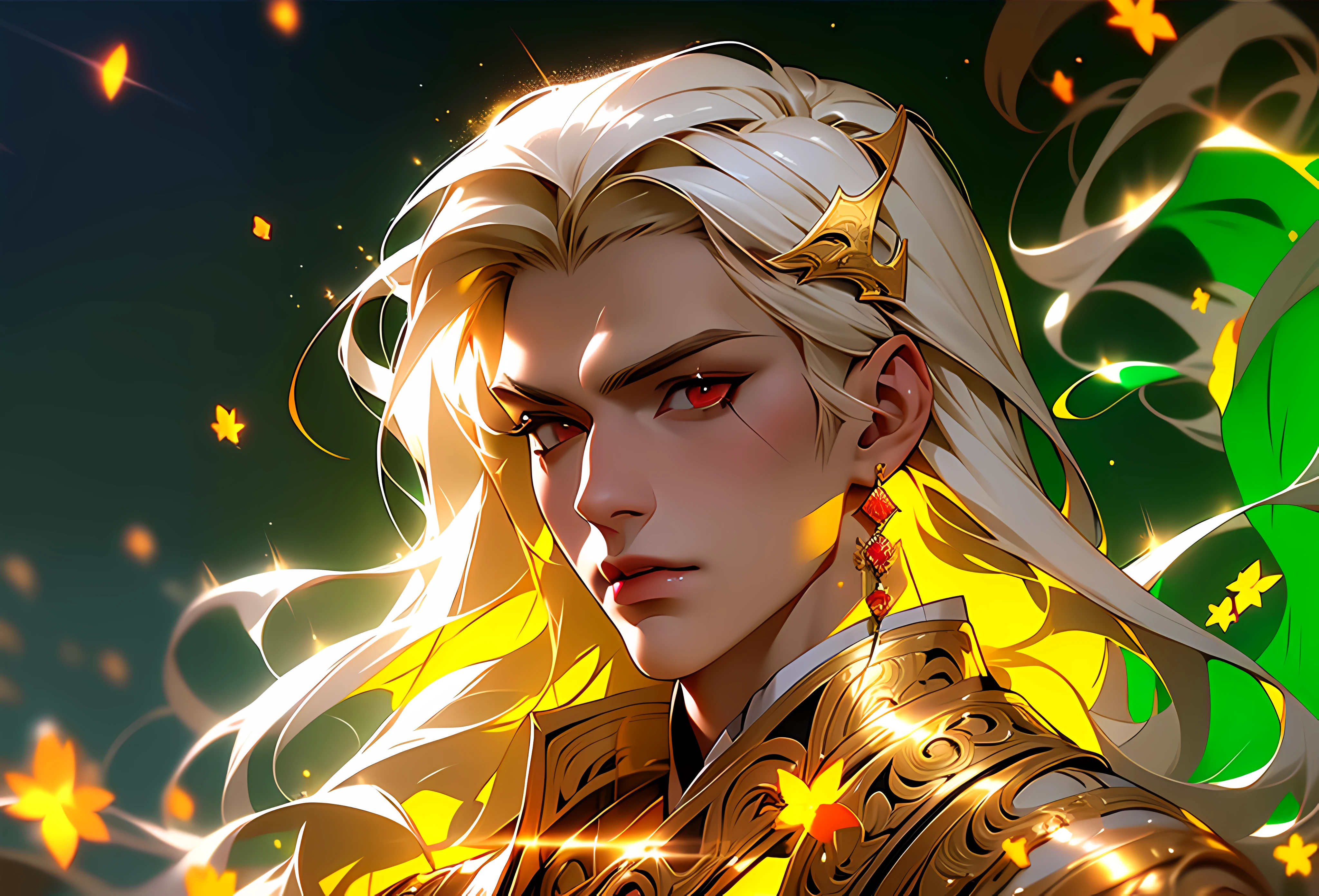 masterpiece, ultra detailed photography of a handsome vampire god, 1guy, (((male))), perfectly drawn face, red eyes, 8k resolution, photorealistic, ultra-high quality, long hair, long wavy blonde hair, full lips, cinematic lighting, intricately detailed, elegant, gold, volumetric lighting, hanfu