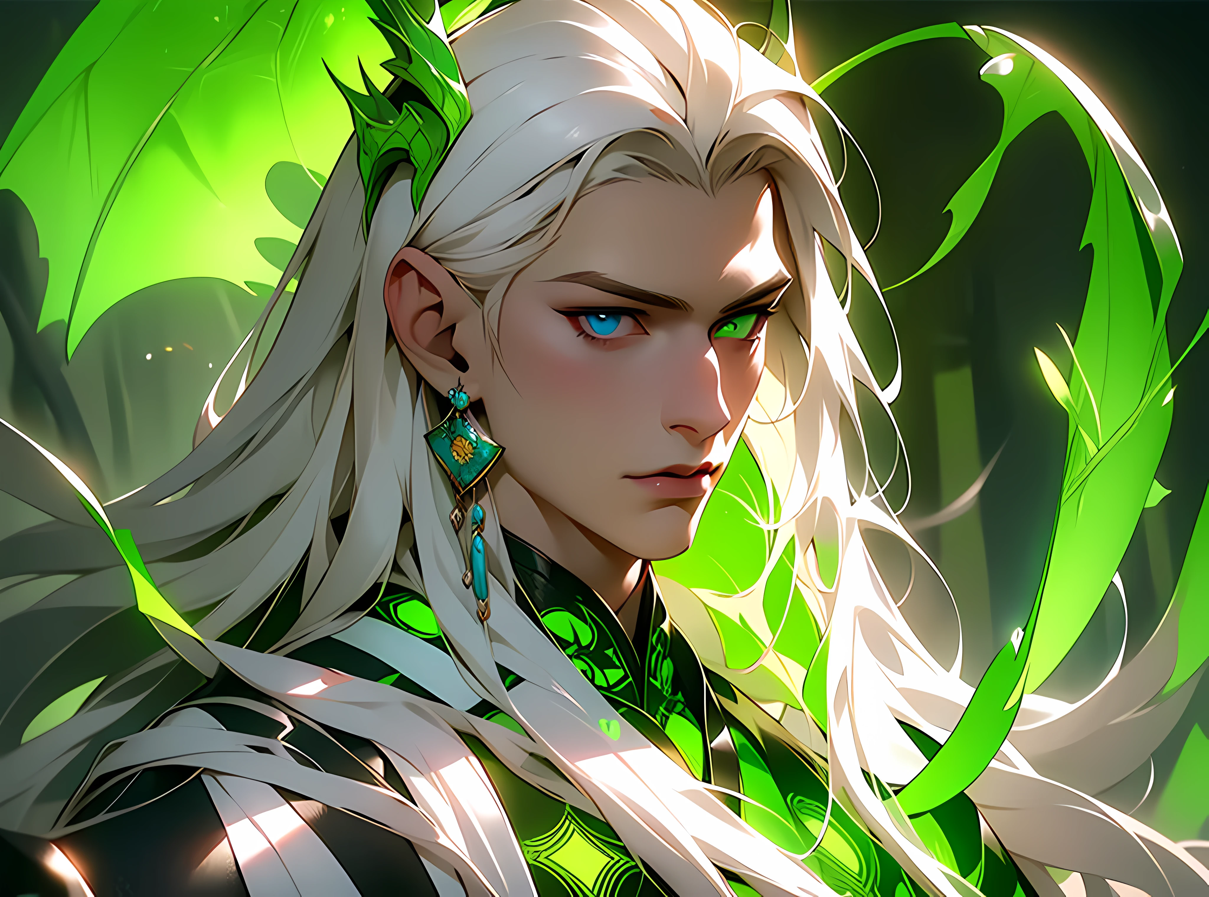 masterpiece, ultra detailed photography of a handsome dragon god, 1guy, (((male))), perfectly drawn face, heterochromic eyes, 8k resolution, photorealistic, ultra-high quality, long hair, long straight white hair, full lips, perfect anatomy, cinematic lighting, intricately detailed, elegant, purple and green tetradic colors, volumetric lighting, hanfu