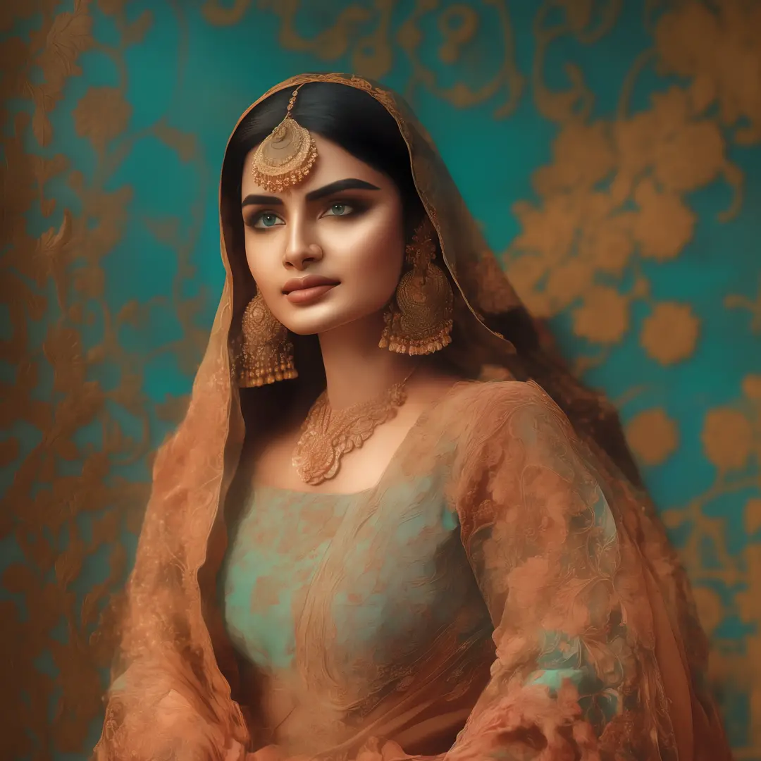 indian bollywood actress in the style of alexandr averin, dreamy, dark cyan and red, i can't believe how beautiful this is, sere...