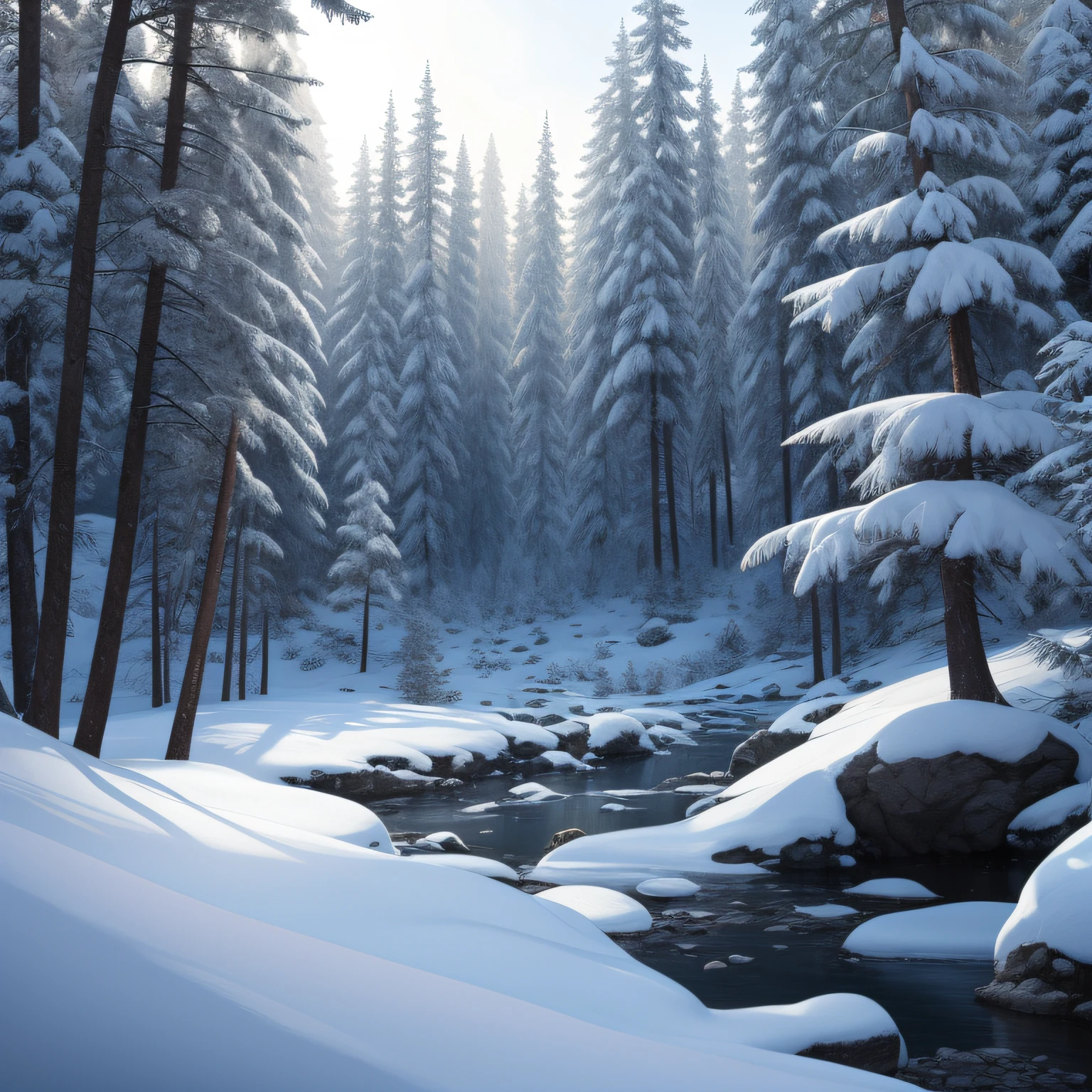 snow, ice, masterpiece, best quality, high quality, very detailed CG unified 8k wallpaper, taiga, silence, towering conifers covering the forest floor, harsh climate, peaceful beauty, snow, winter, mild summer, breeze, needles, branches, bokeh, depth field, HDR, bloom, chromatic aberration, photorealistic, extremely detailed, popular on artstation, popular on CGsociety, complex, high detail, dramatic, art midway