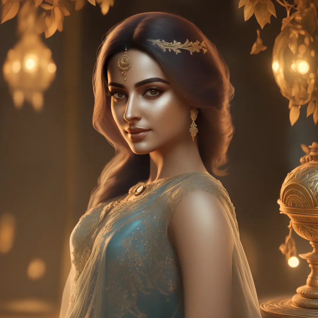 Indian Bollywood actress in the style of Alexandr Averin, dreamy, dark cyan and red, i can't believe how beautiful this is, sere...