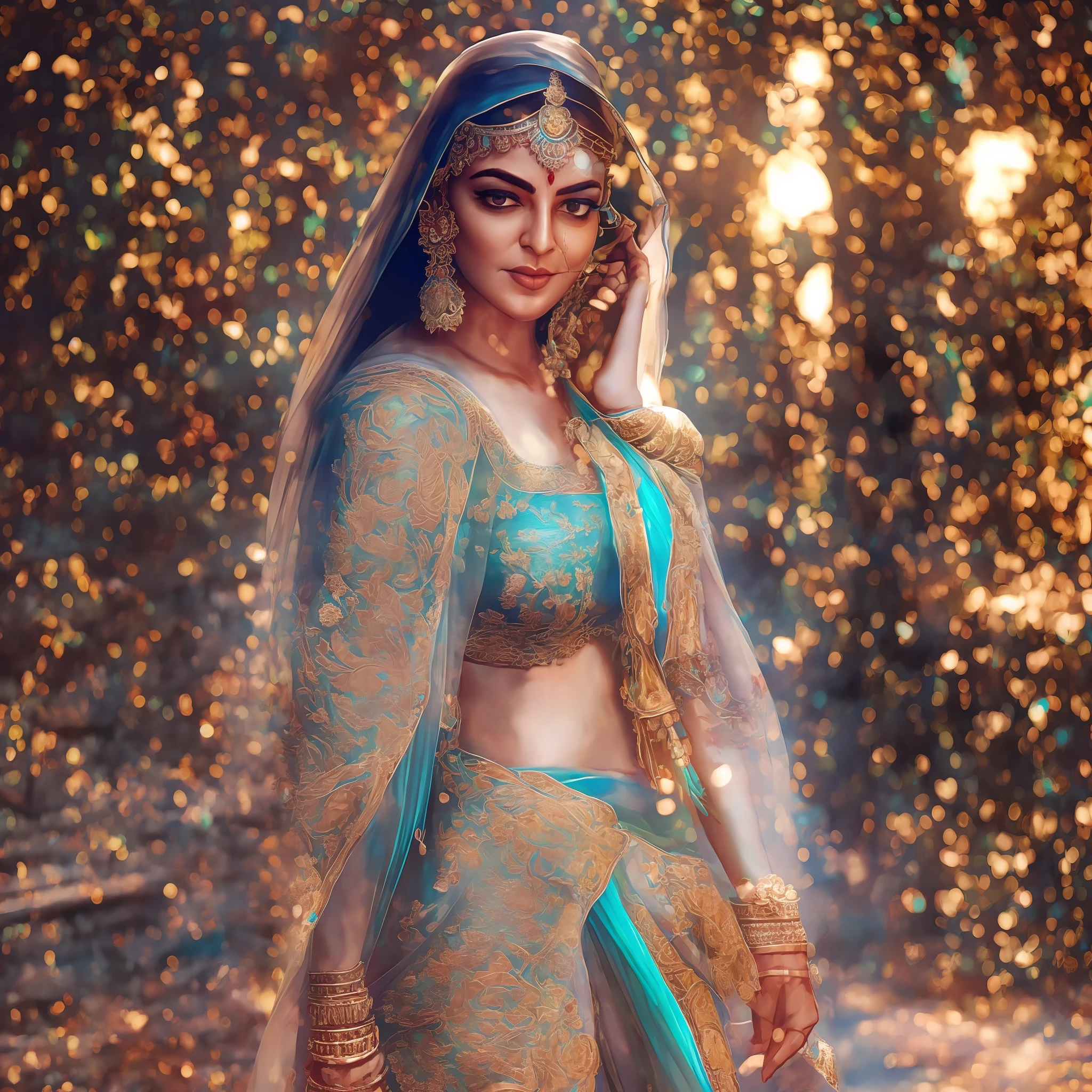 Indian Bollywood actress in the style of Alexandr Averin, dreamy, dark cyan and red, i can't believe how beautiful this is, serene atmosphere, ethereal light, epic realistic, illustrated by herg, style of Alois Arnegger, pen and ink,art by greg rutkowski and artgerm, soft cinematic light,hdr, intricate, highly detailed, (depth of field:1.4), faded, (neutral colors:1.2), (hdr:1.4), (muted colors:1.2), hyperdetailed, (artstation:1.4), cinematic, warm lights, dramatic light, (intricate details:1.1), complex background, (rutkowski:0.66), (teal and orange:0.4), (intricate details:1.12), hdr, (intricate details, hyperdetailed:1.15) (skin texture:1.2)