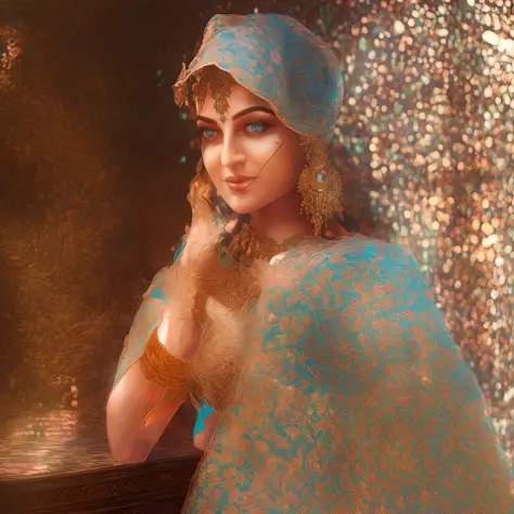 Indian Bollywood actress in the style of Alexandr Averin, dreamy, dark cyan and red, i can't believe how beautiful this is, sere...