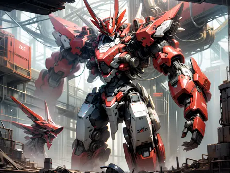 HD, best picture quality, illustration quality, super detailed, crimson mecha giant, mighty in the future world, showing a rich sci-fi atmosphere.